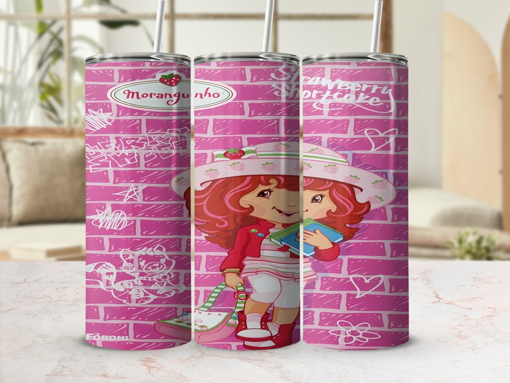 Strawberry Shortcake character and friends on a pink brick background.