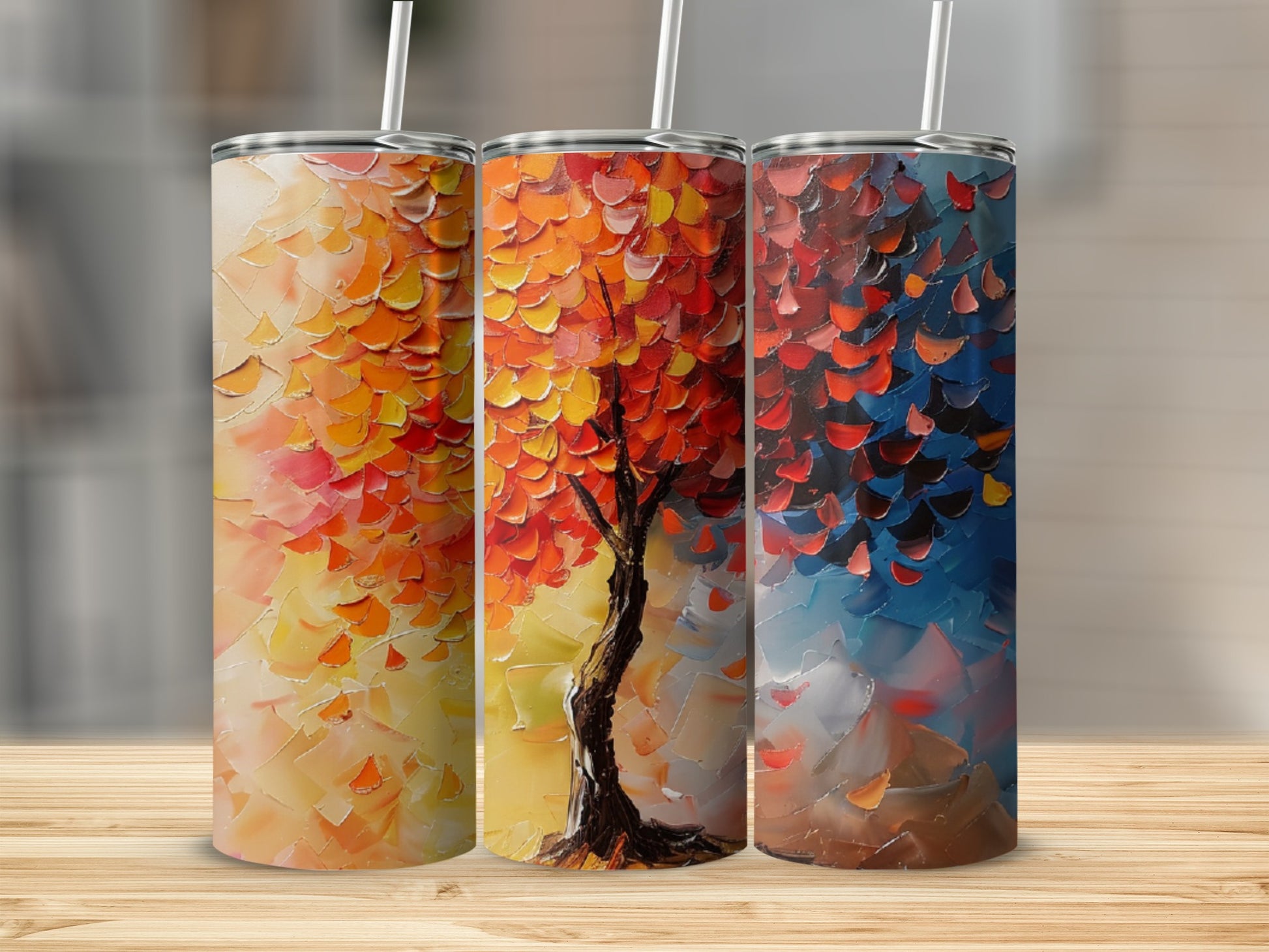 Three tumblers with abstract autumn tree paintings in textured brushstrokes.