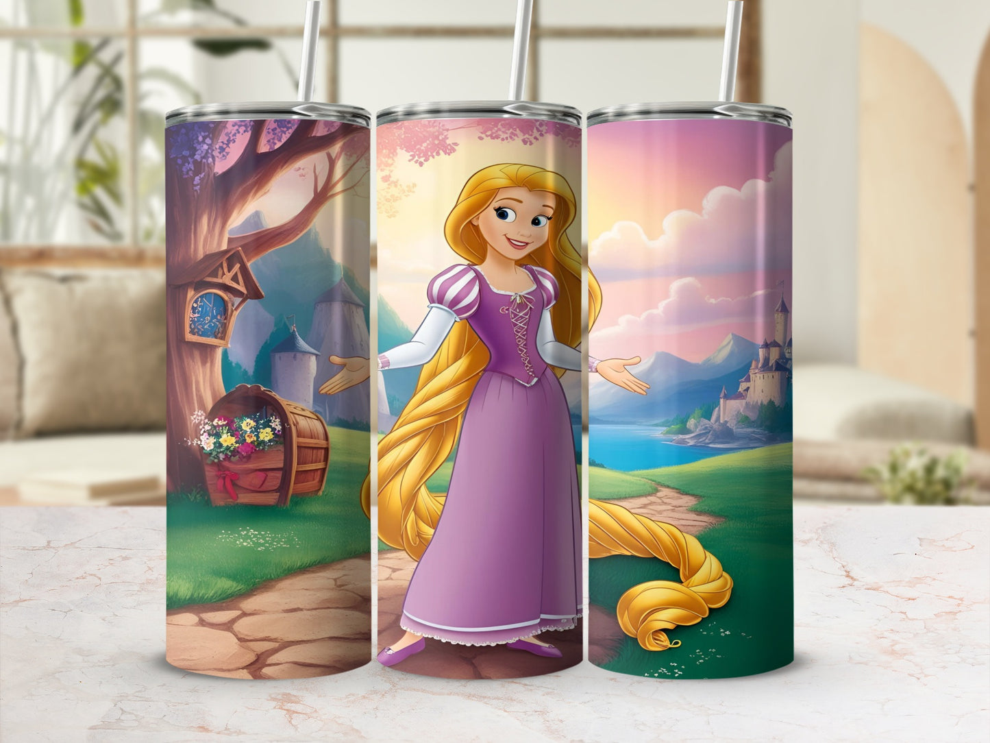 Rapunzel with her long blonde hair on a path leading to a castle.