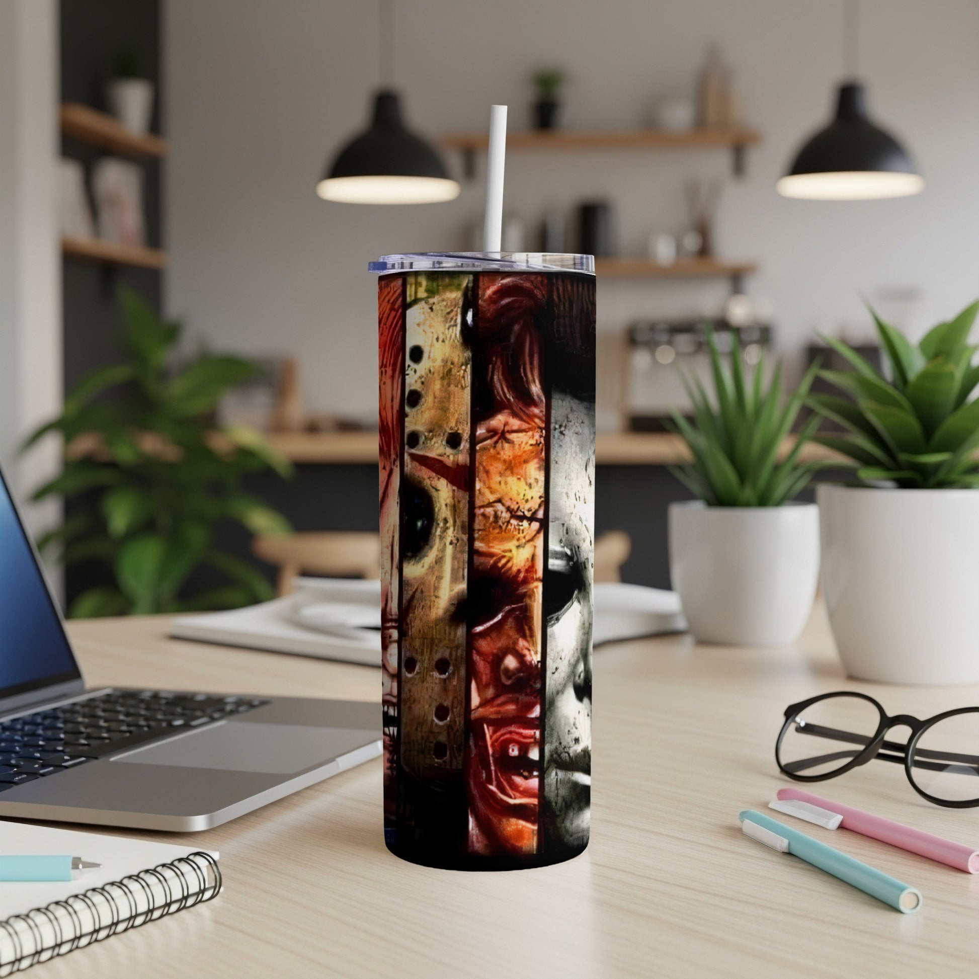 Tumbler featuring horror movie villains: Michael Myers, Freddy Krueger, Jason Voorhees, and Ghostface.