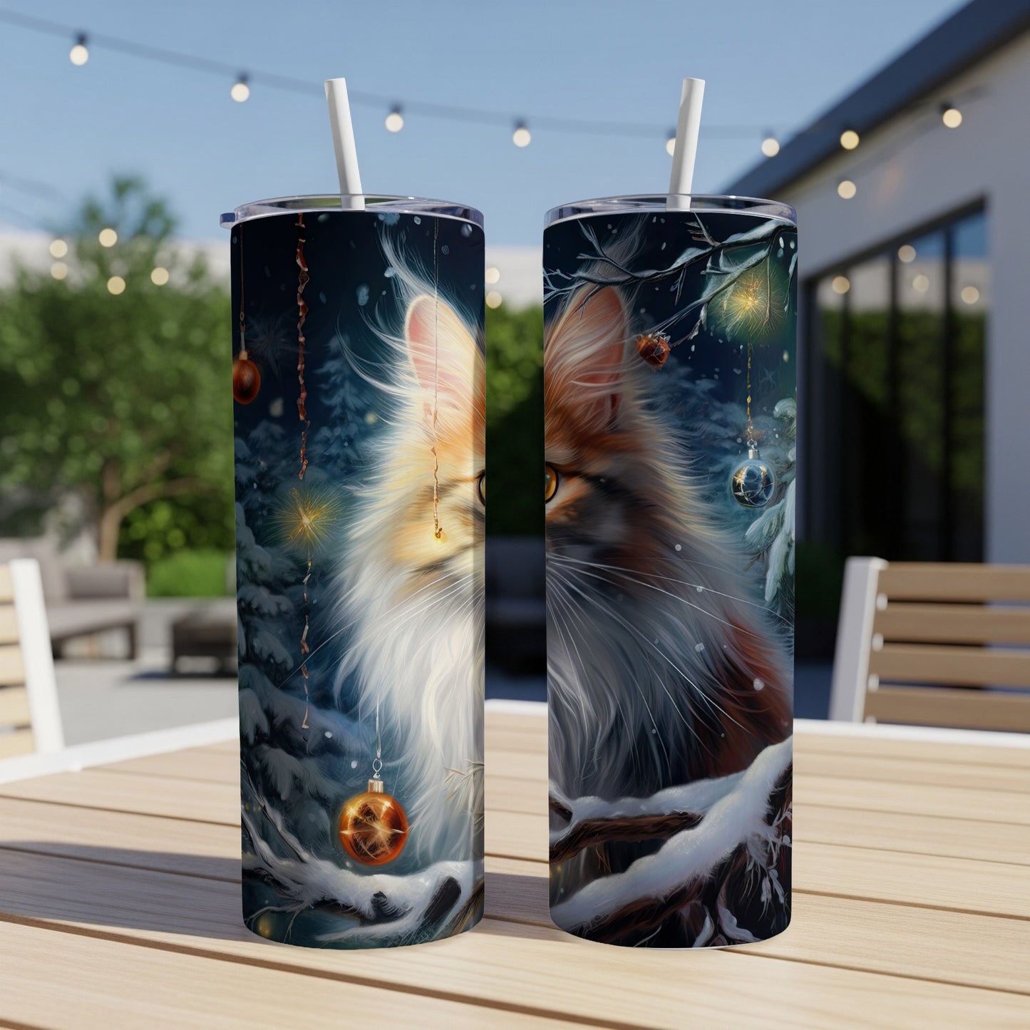Fluffy cat with Christmas ornaments in snowy forest scene on two tumblers.