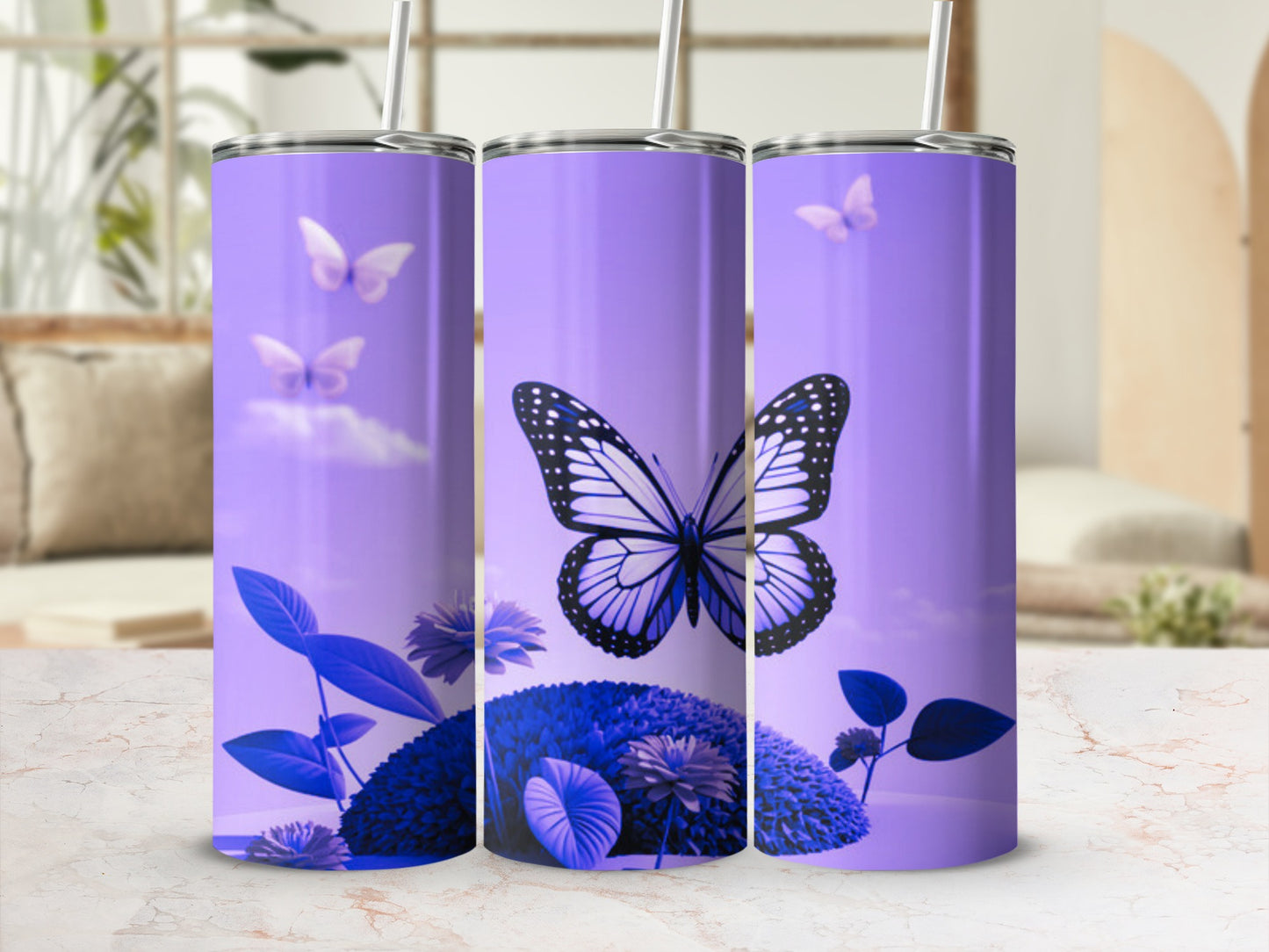 Purple tumbler with butterfly and floral design.