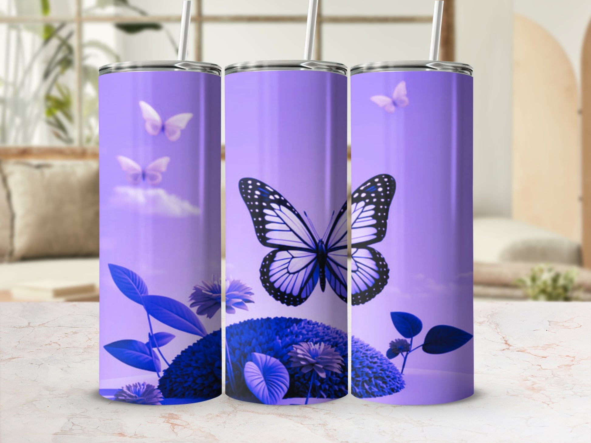 Purple tumbler with butterfly and floral design.