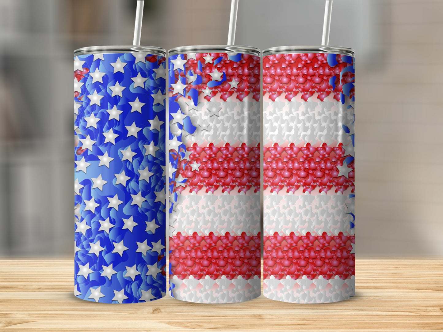 Three tumblers with star and stripe patterns resembling the American flag.