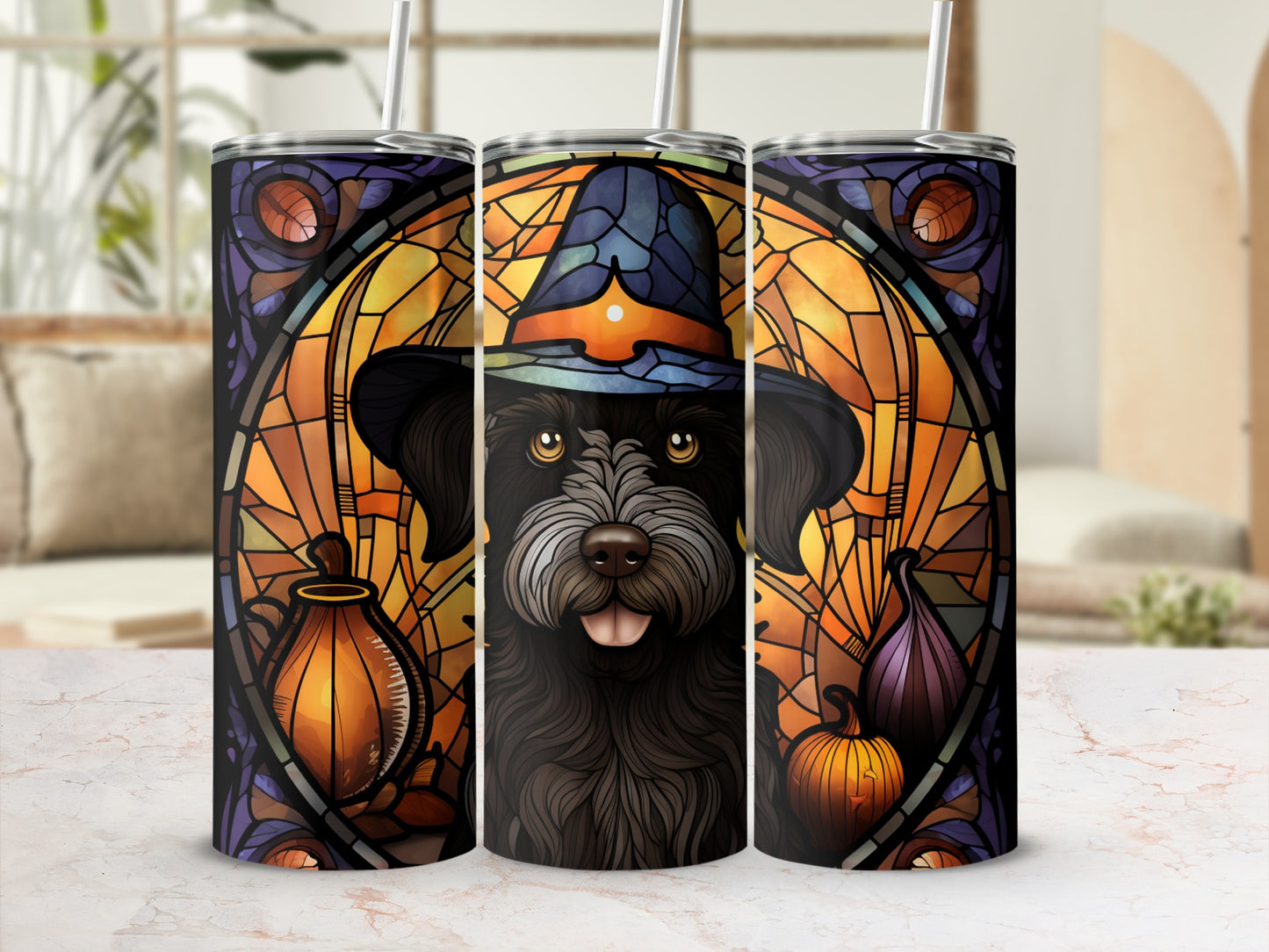 Dark-haired dog in witch hat on stained glass background with pumpkins.