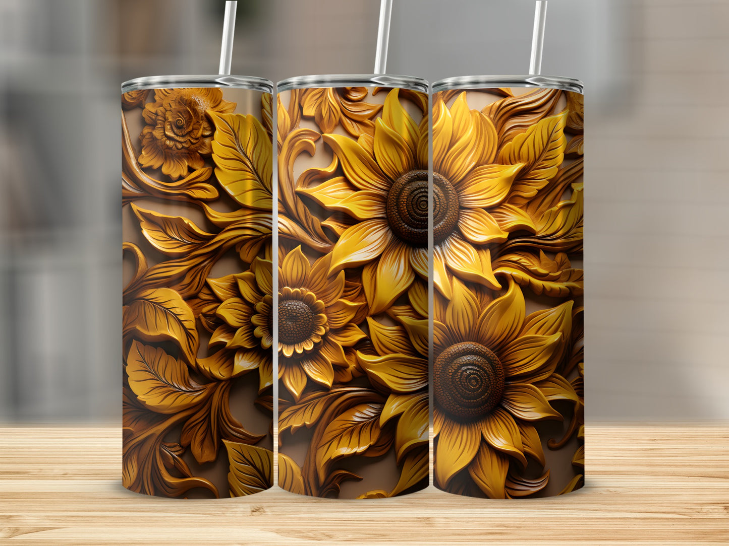 Three sunflowers embossed on a tumbler with a wood grain background.