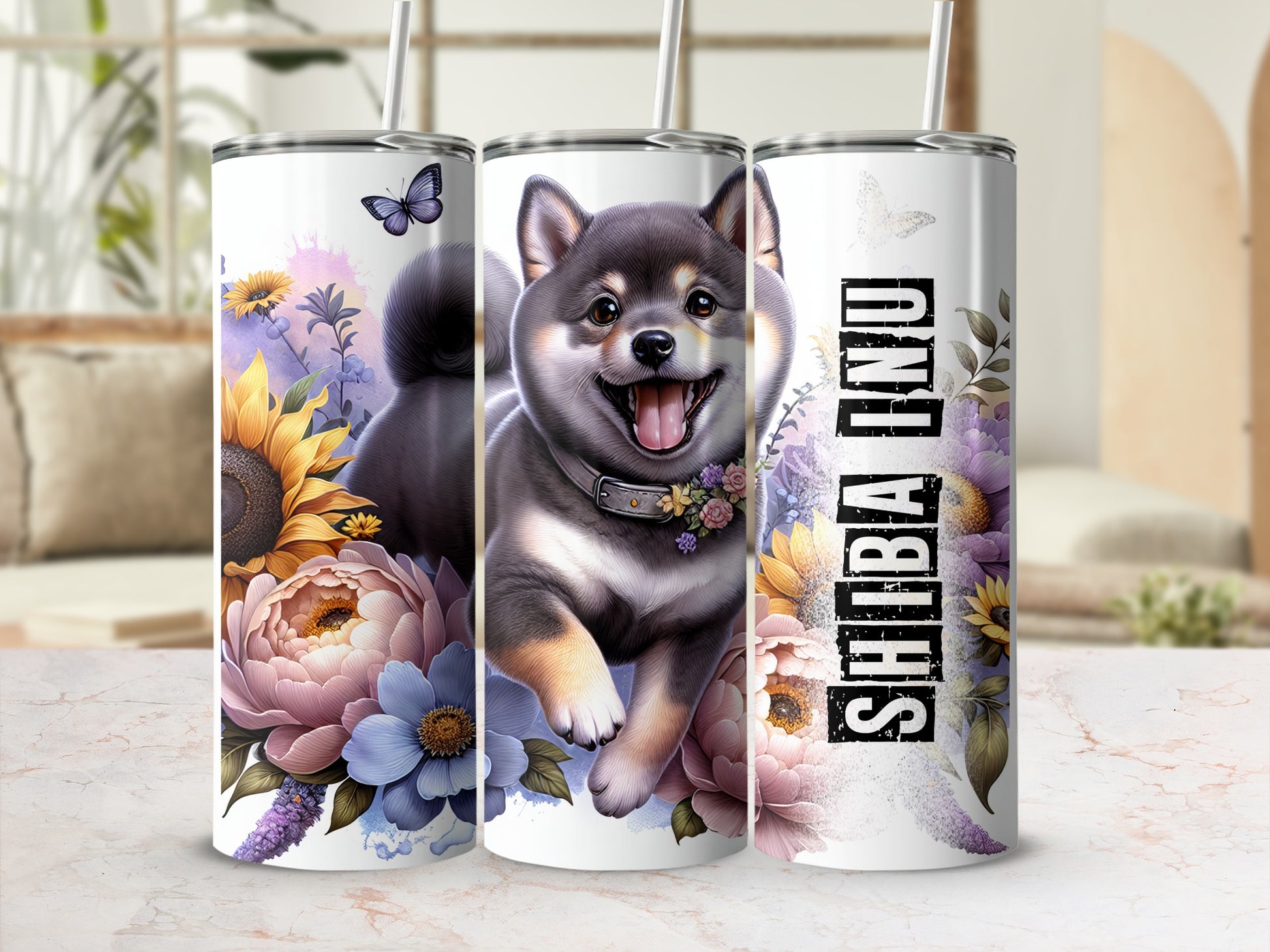 Shiba Inu dog with flowers, sunflowers, and text "SHIBA INU" on a tumbler.