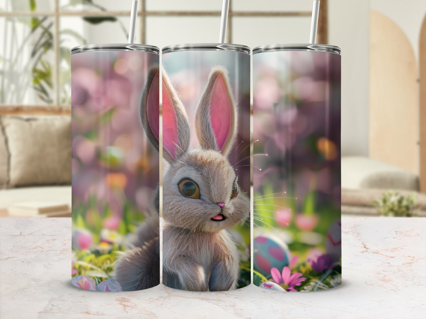 Cute bunny and Easter eggs on grassy background.