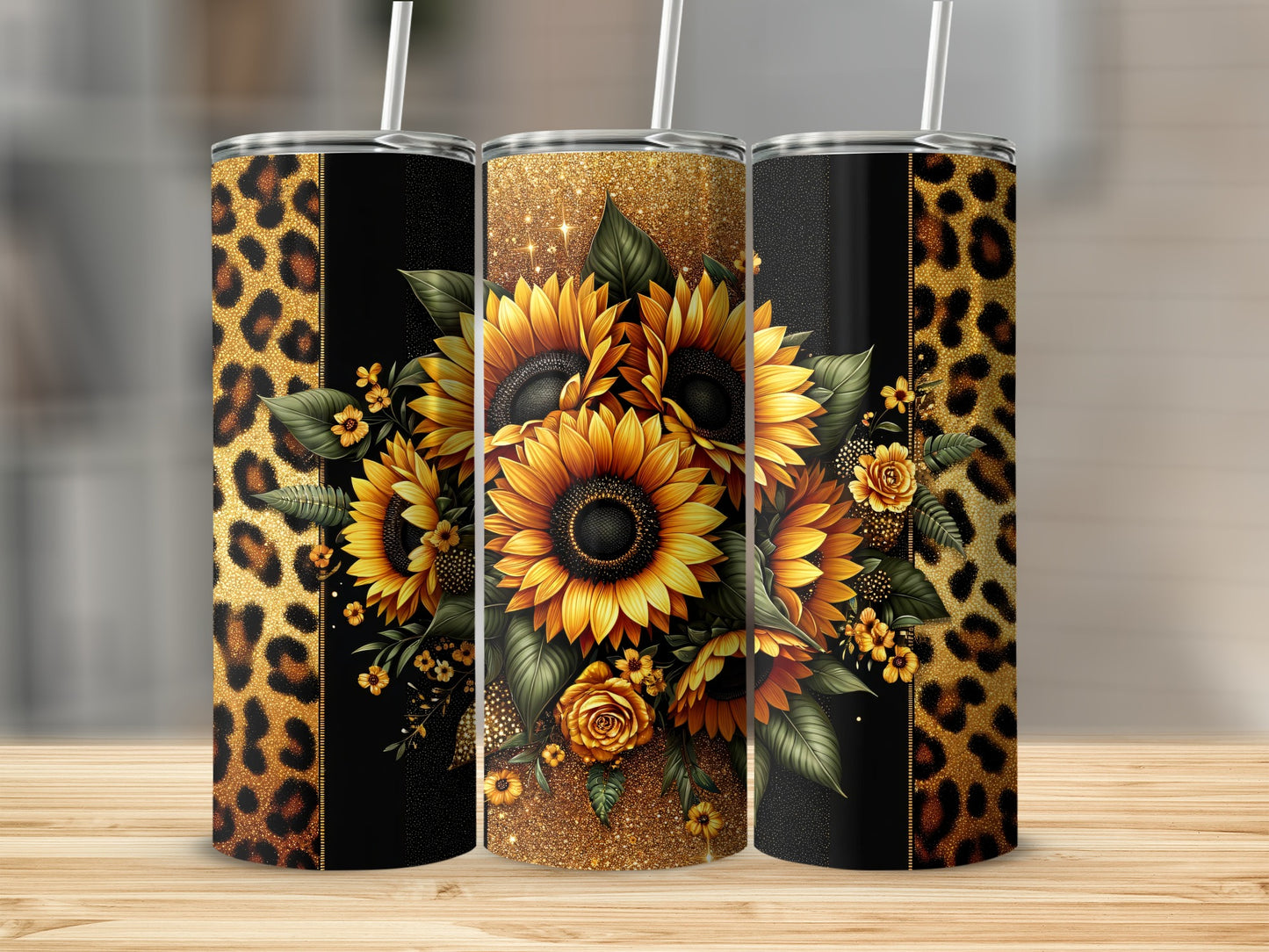 Sunflower and Leopard Print Design Tumbler Cup