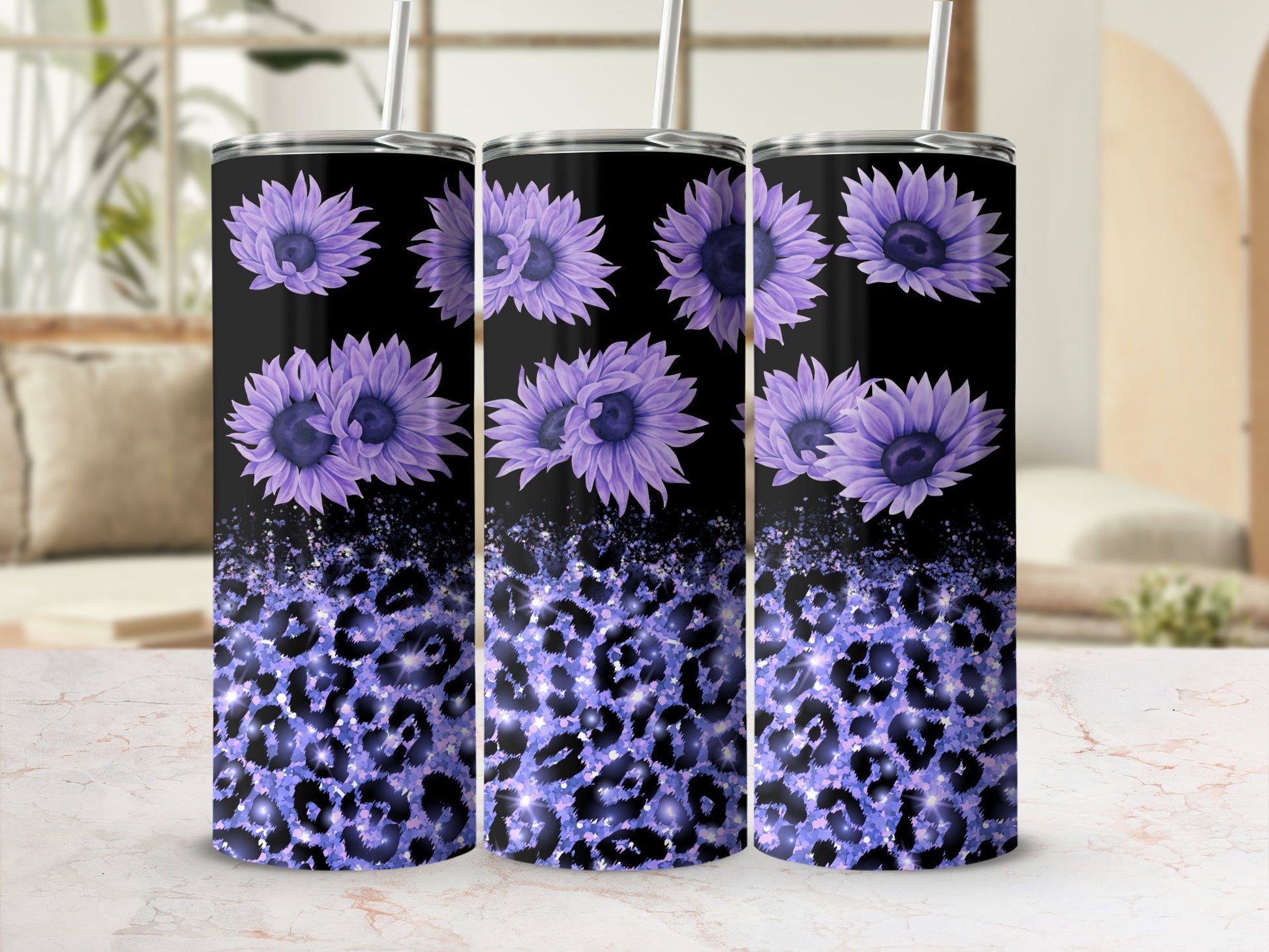 Purple sunflowers and glitter leopard print on a black tumbler.