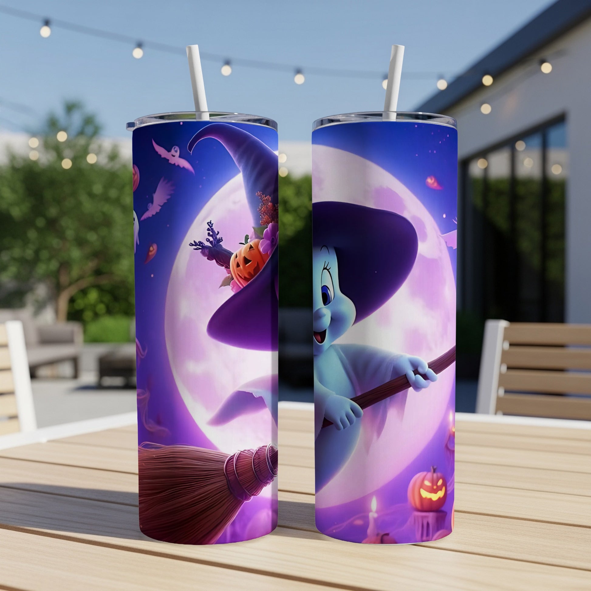 Two tumblers feature Casper the Friendly Ghost dressed as a witch for Halloween.