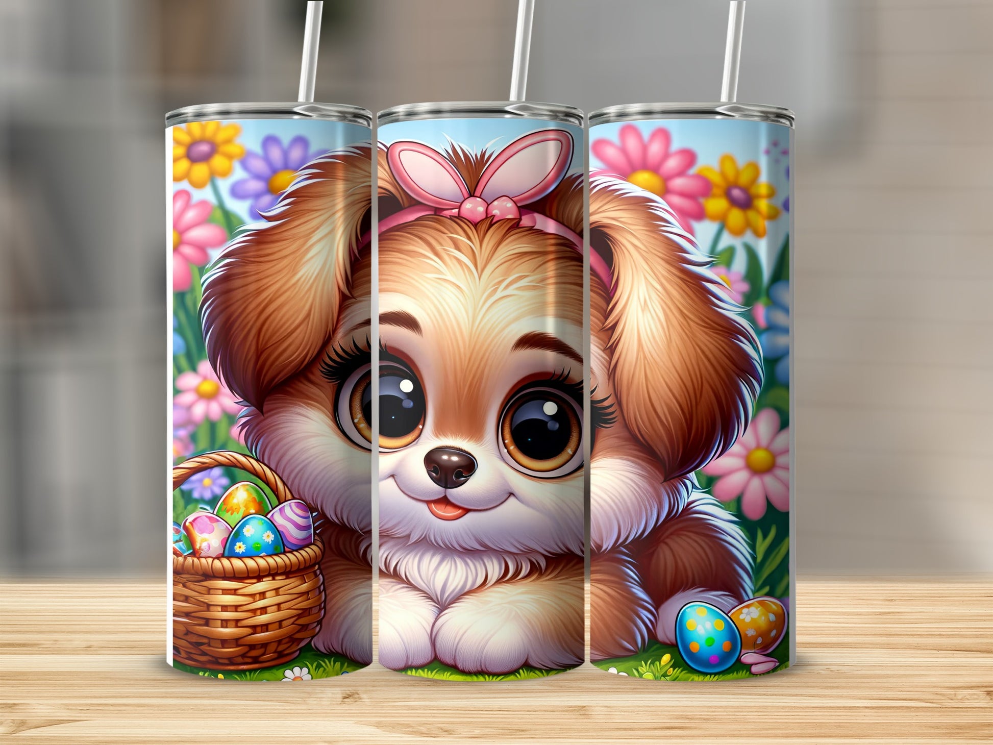 Cute cartoon puppy with Easter basket, flowers, and decorated eggs.
