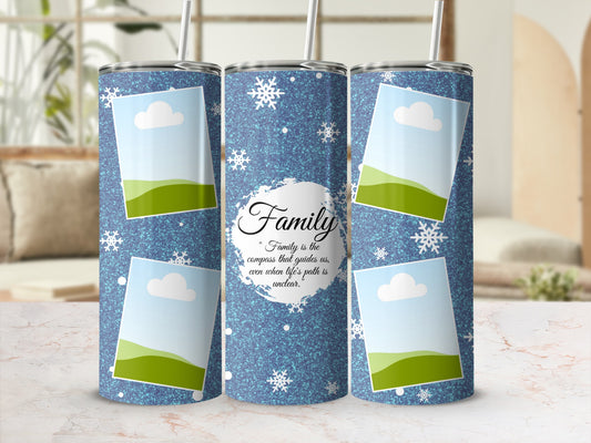 Blue glitter tumbler with snowflakes, photo frames, and "Family is the compass that guides us" text.