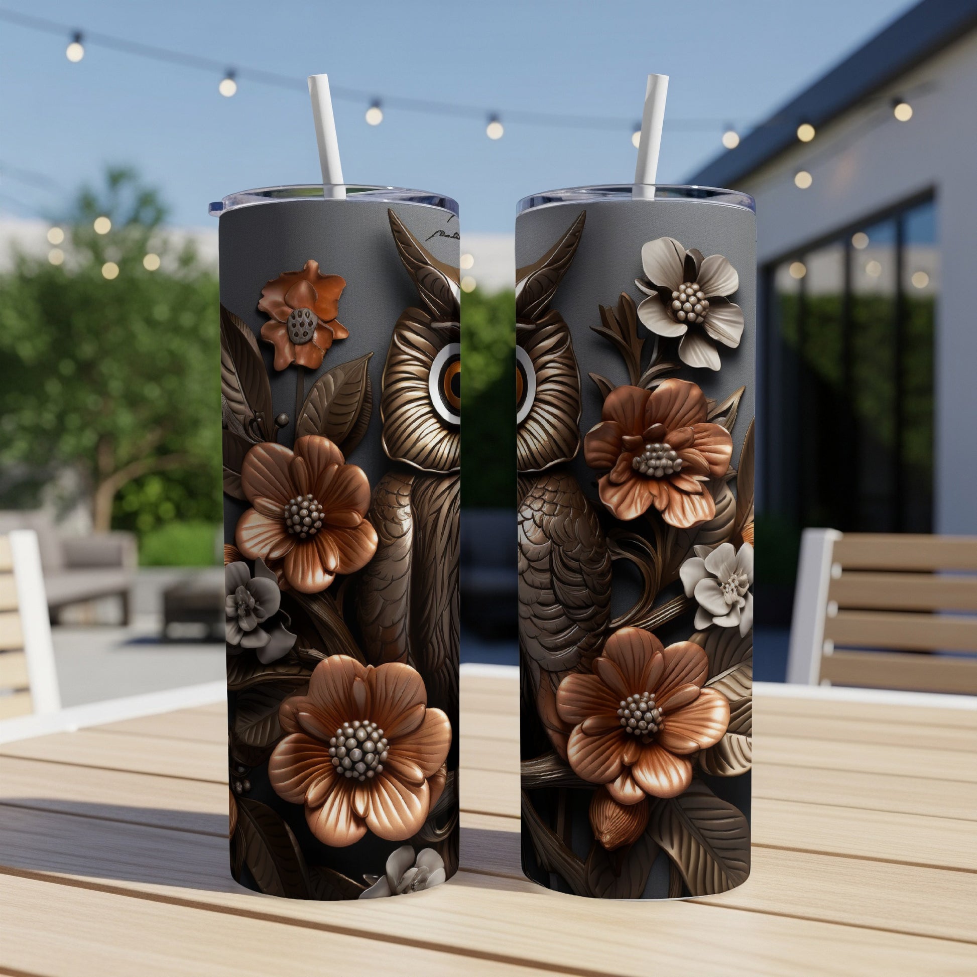 Two tumblers with intricate owl and floral embossed designs.