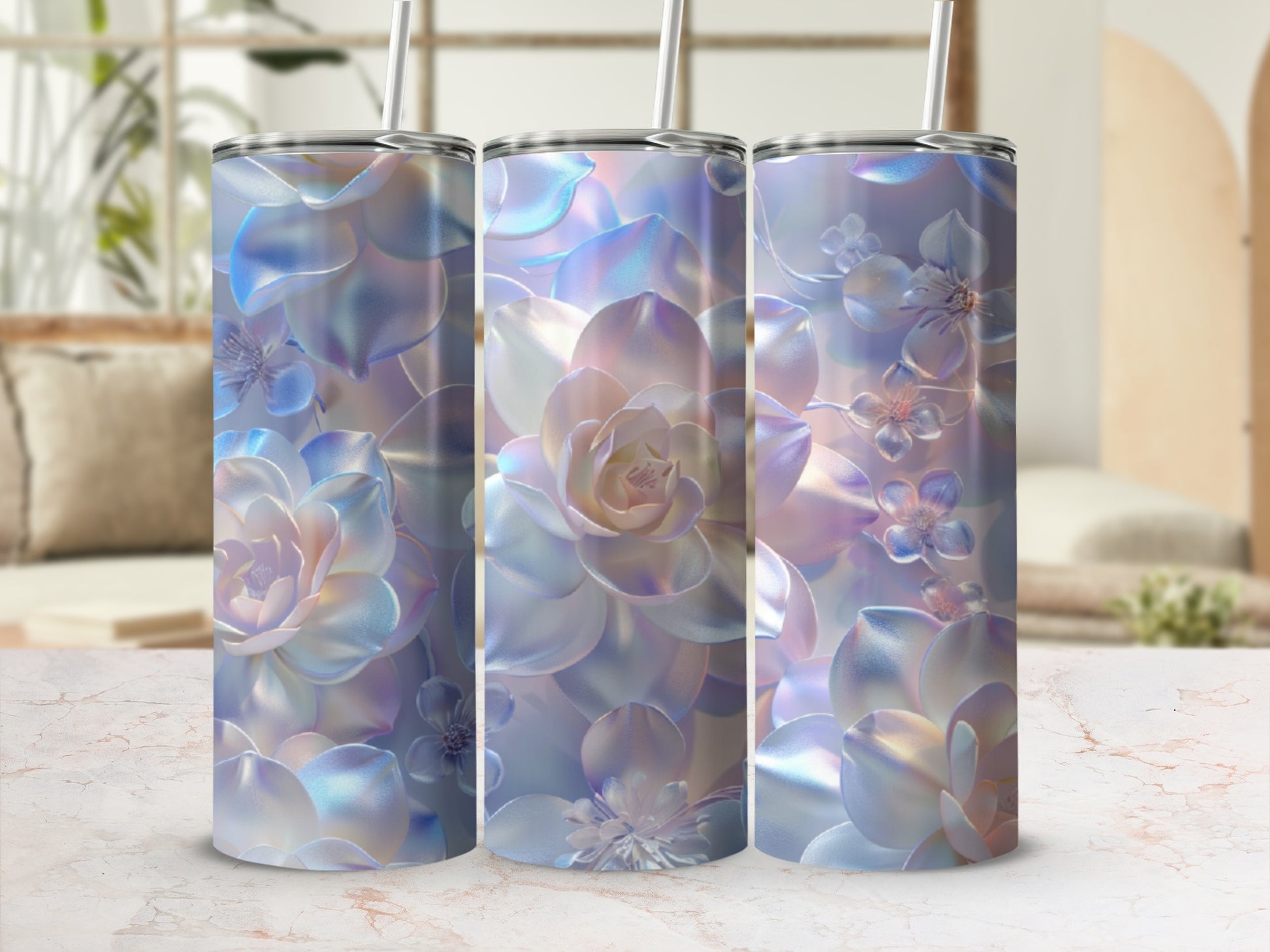 Three iridescent tumblers with a floral succulent design.