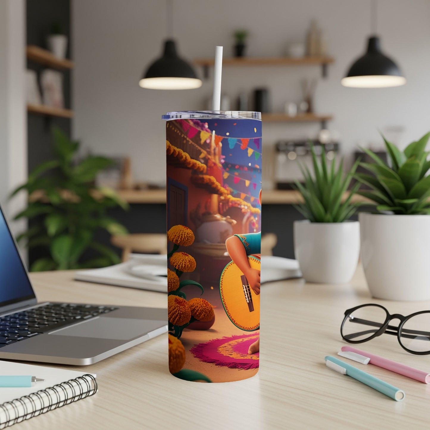 Tumbler featuring a Día de los Muertos scene with marigolds and a person playing guitar.