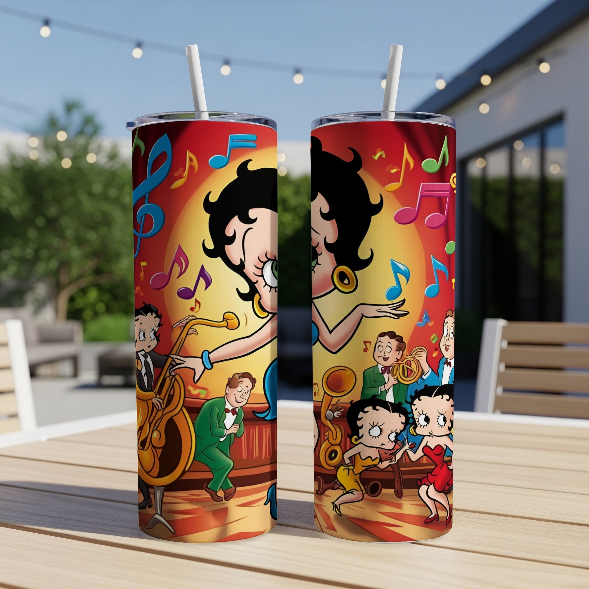 Betty Boop dancing with musical notes and band.
