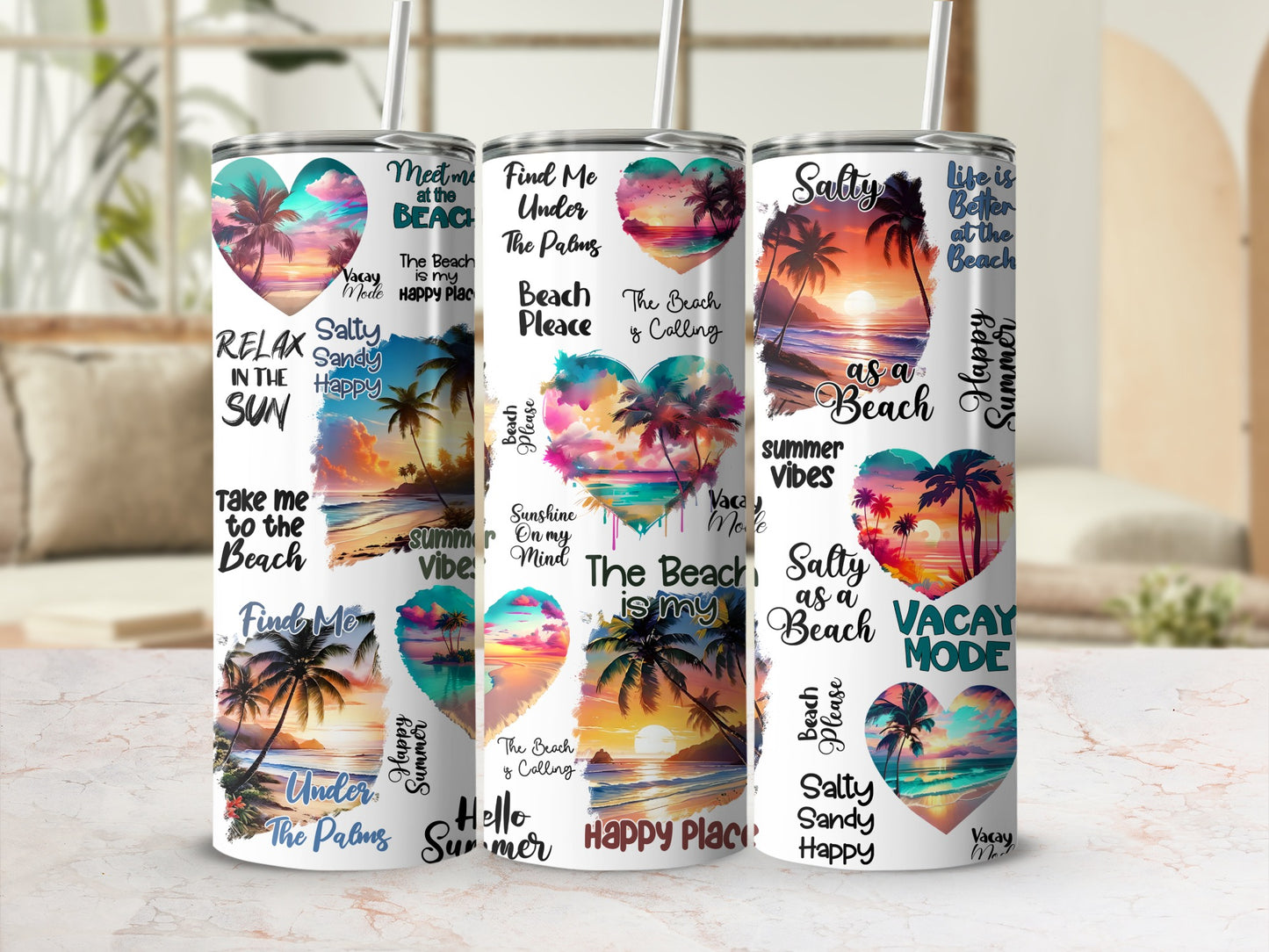 Tumblers with beach sunset scenes and text like "Meet me at the Beach".