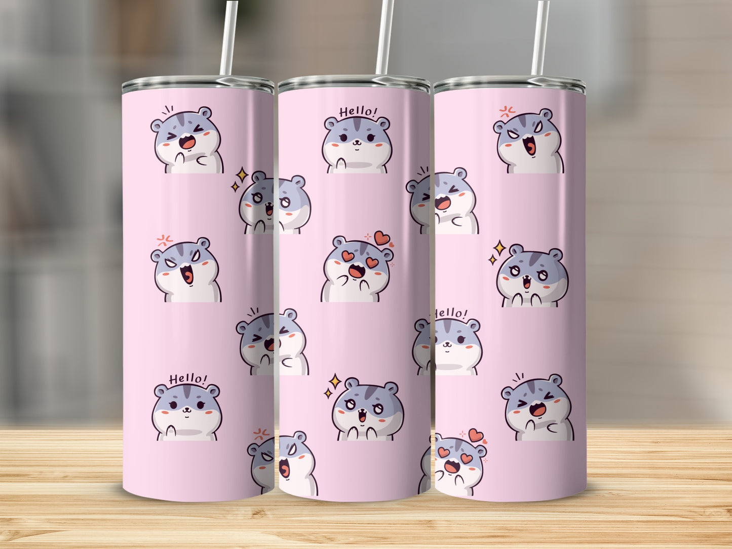 Pink tumbler with cartoon hamster characters expressing various emotions.