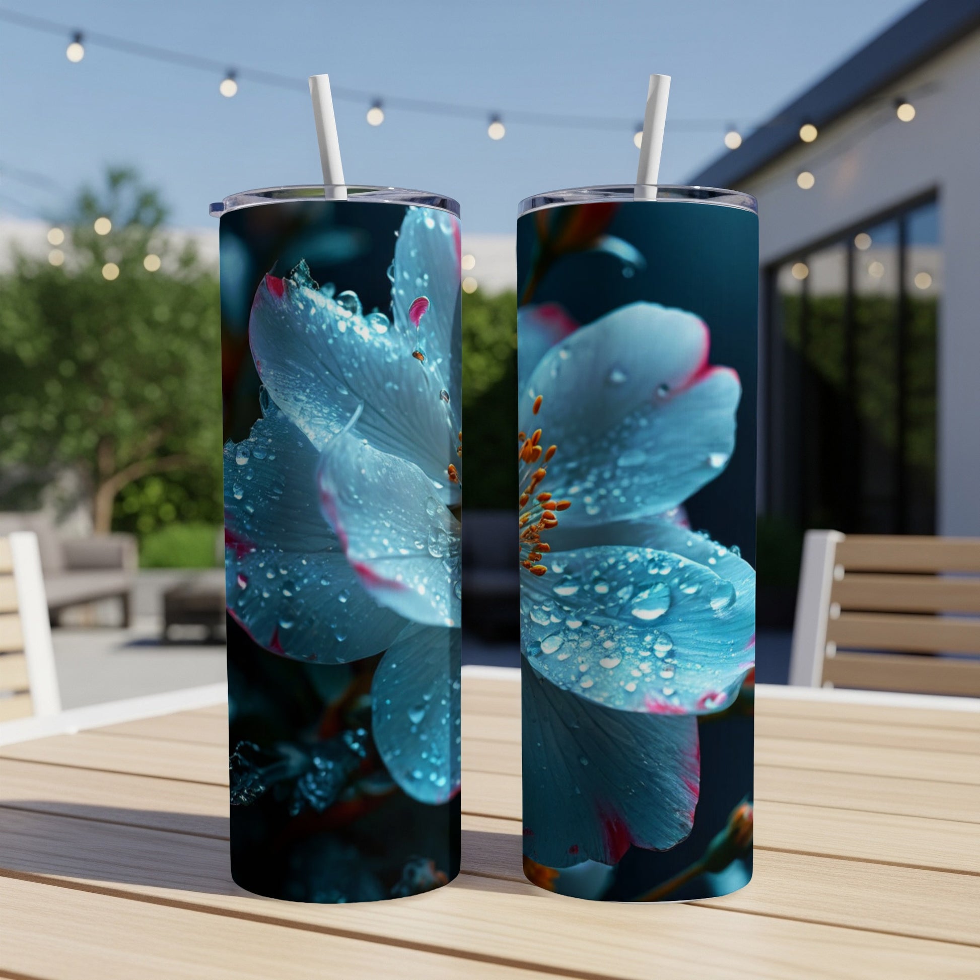 Two tumblers with a close-up of a dew-covered white flower on a patio.