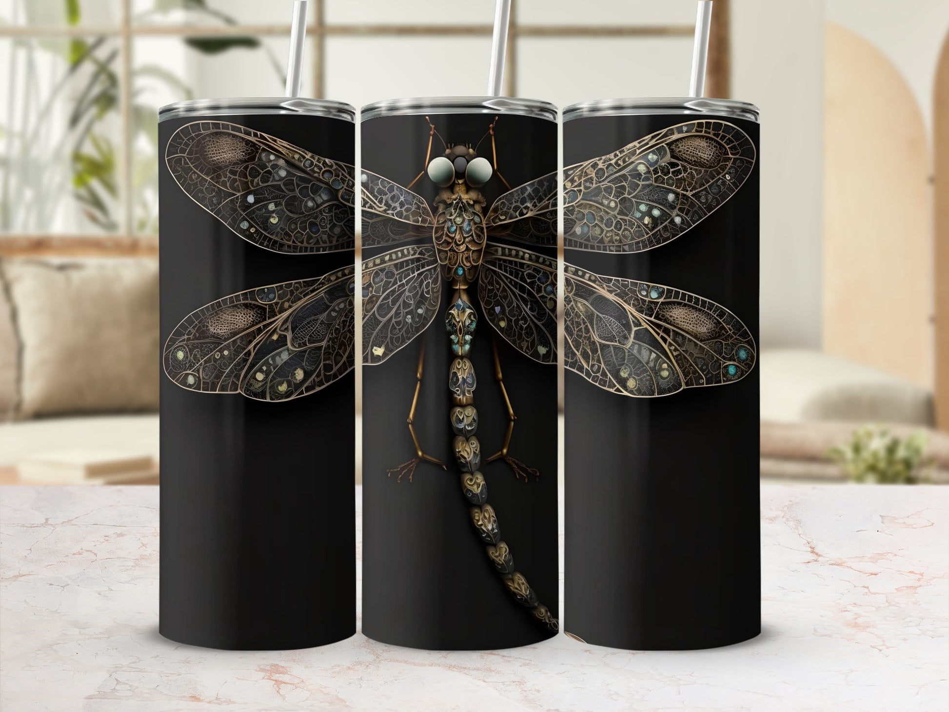 Intricate Dragonfly Design on Sleek Black Tumbler