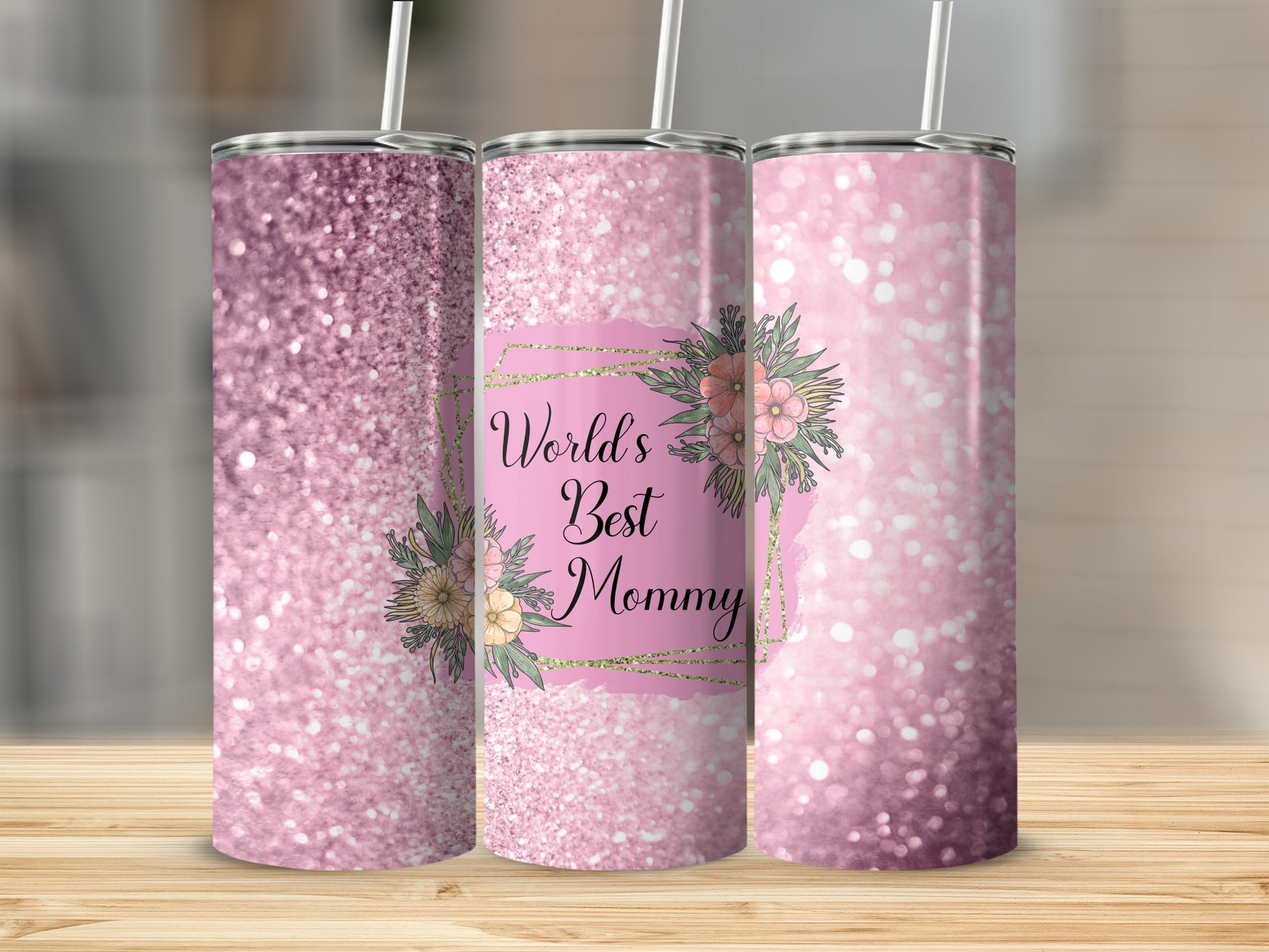 World's Best Mommy Pink Glitter Floral Tumbler
