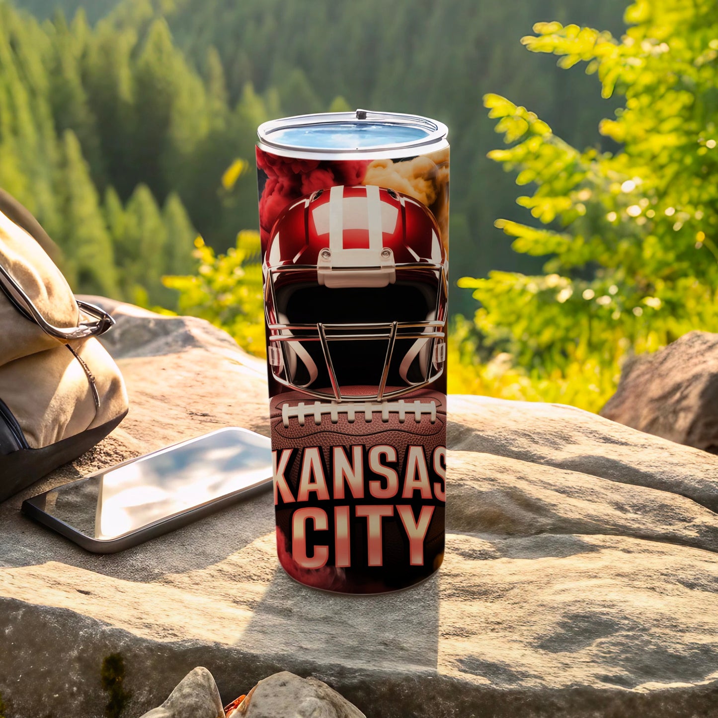 Kansas City football helmet and ball design on a tumbler.