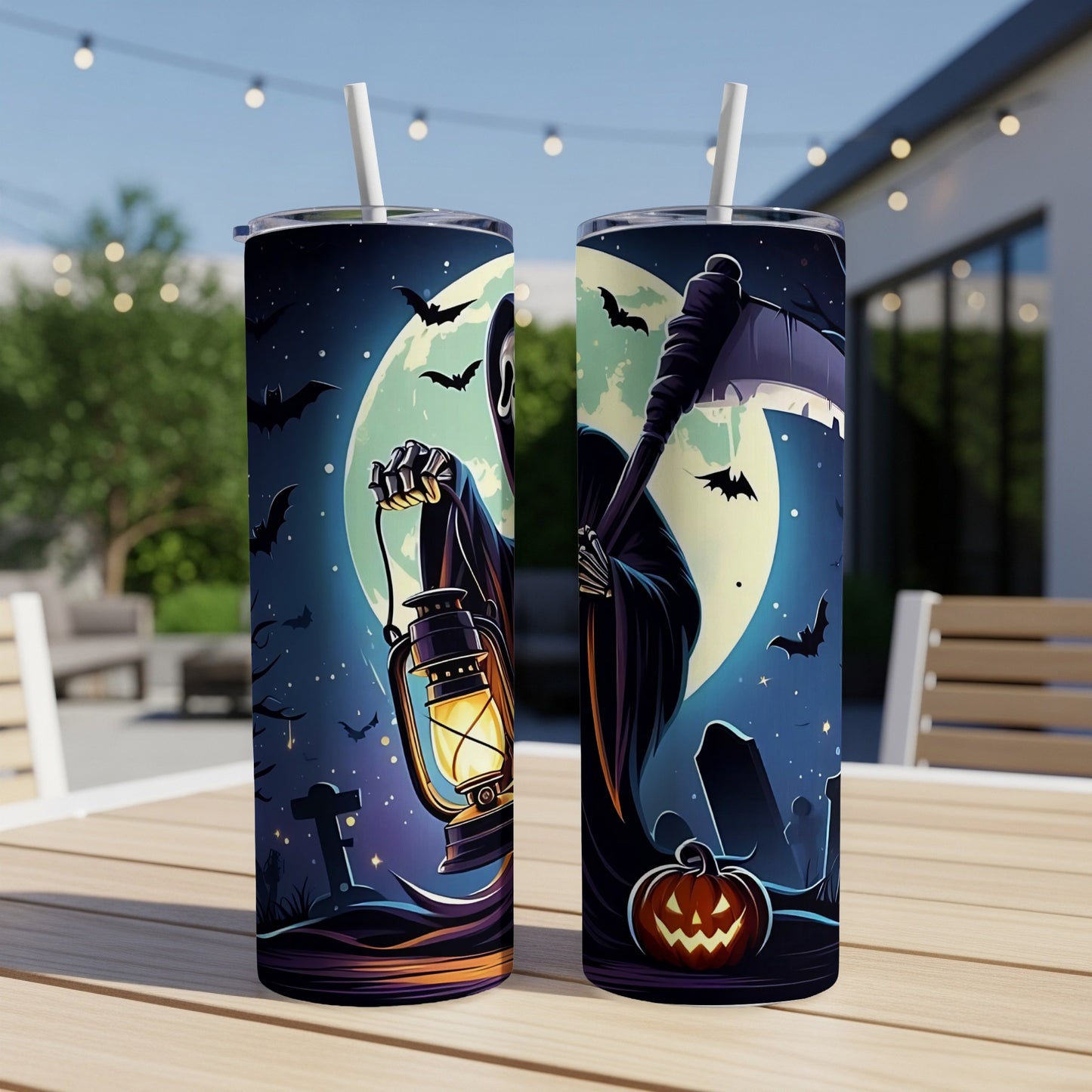 Two tumblers with grim reapers, bats, a pumpkin, and a graveyard on a dark night.