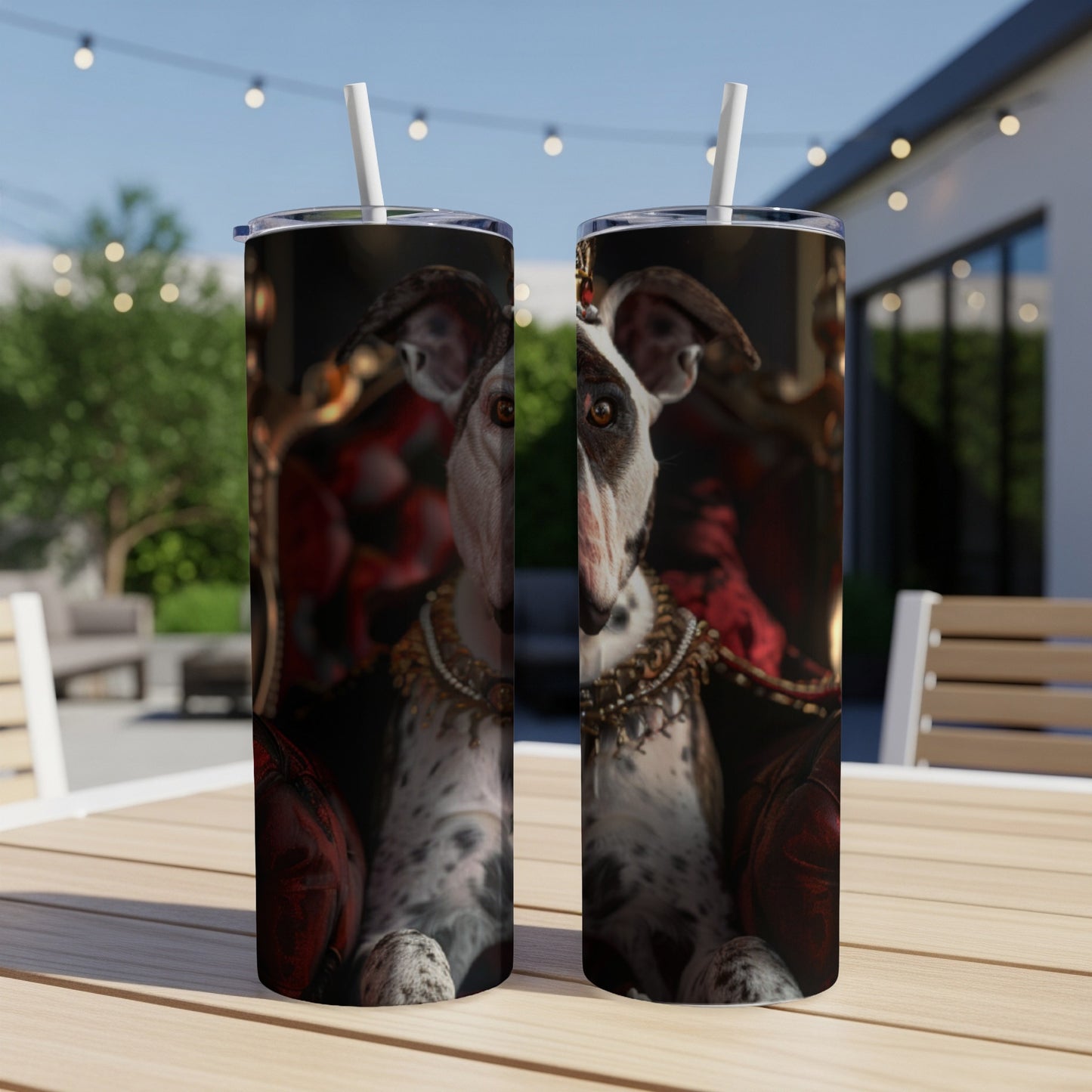 Greyhound wearing a jeweled collar and crown on a patterned tumbler.