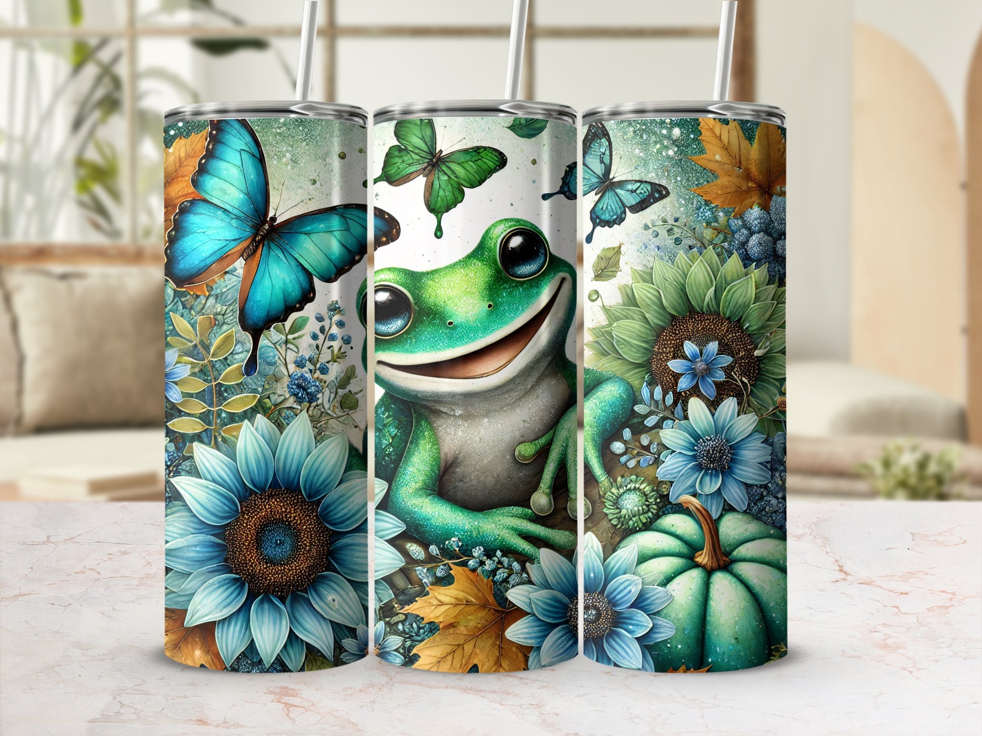 Cute Frog and Butterfly Floral Insulated Tumbler