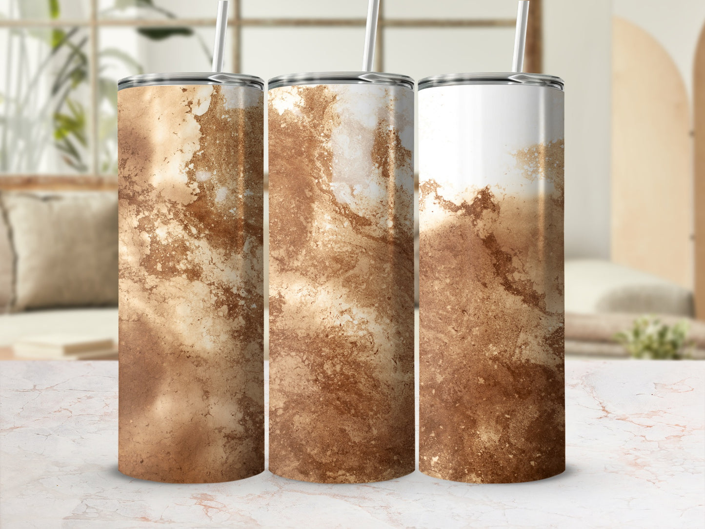 Three tumblers with a marbled brown and white abstract design.