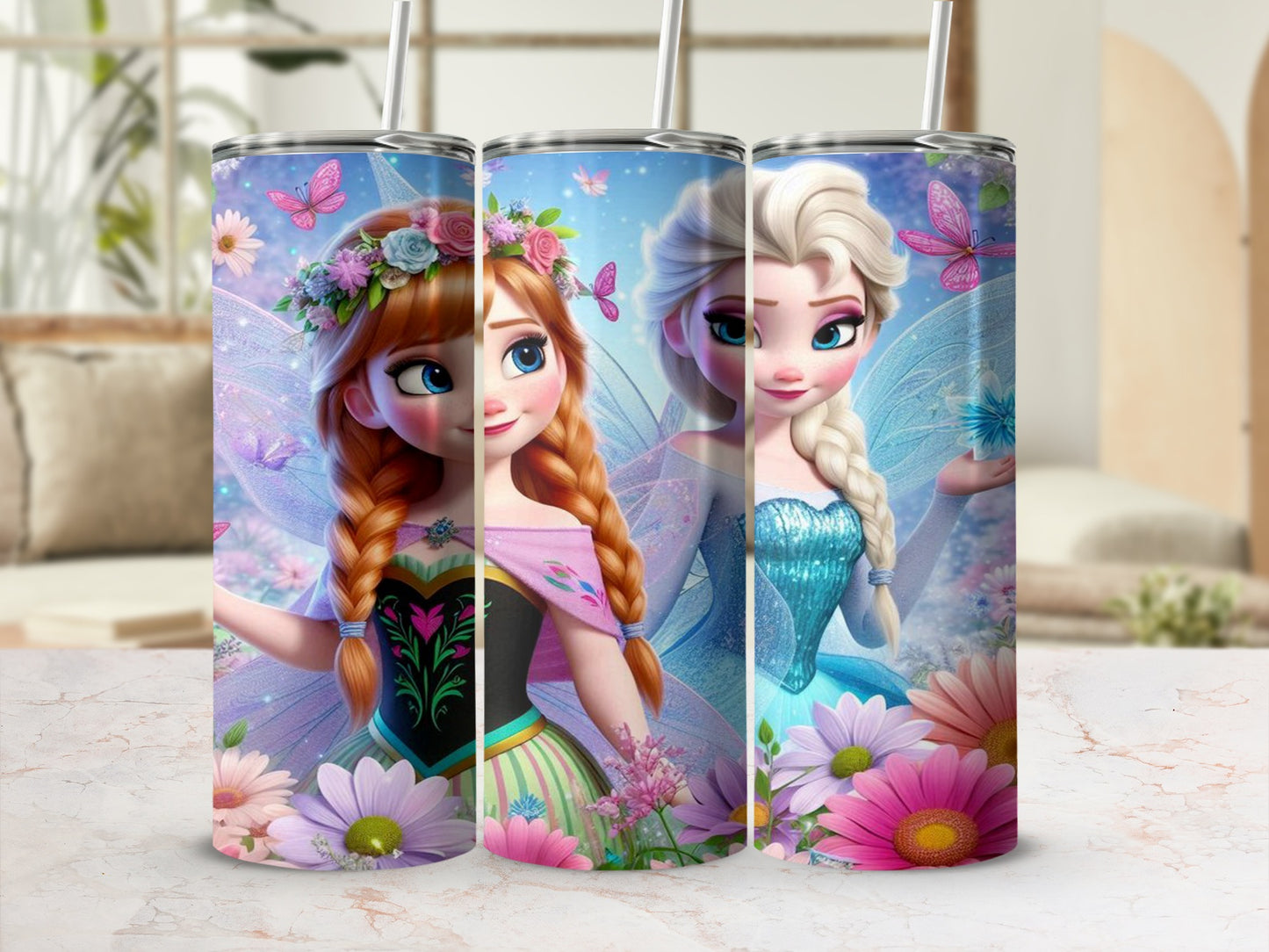 Vibrant Cartoon Characters with Flowers Tumbler