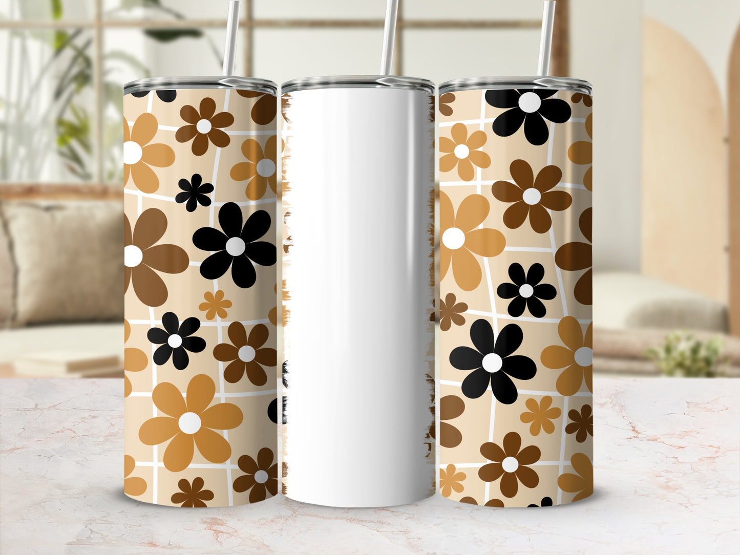 Tumbler with brown, black, and beige floral pattern.