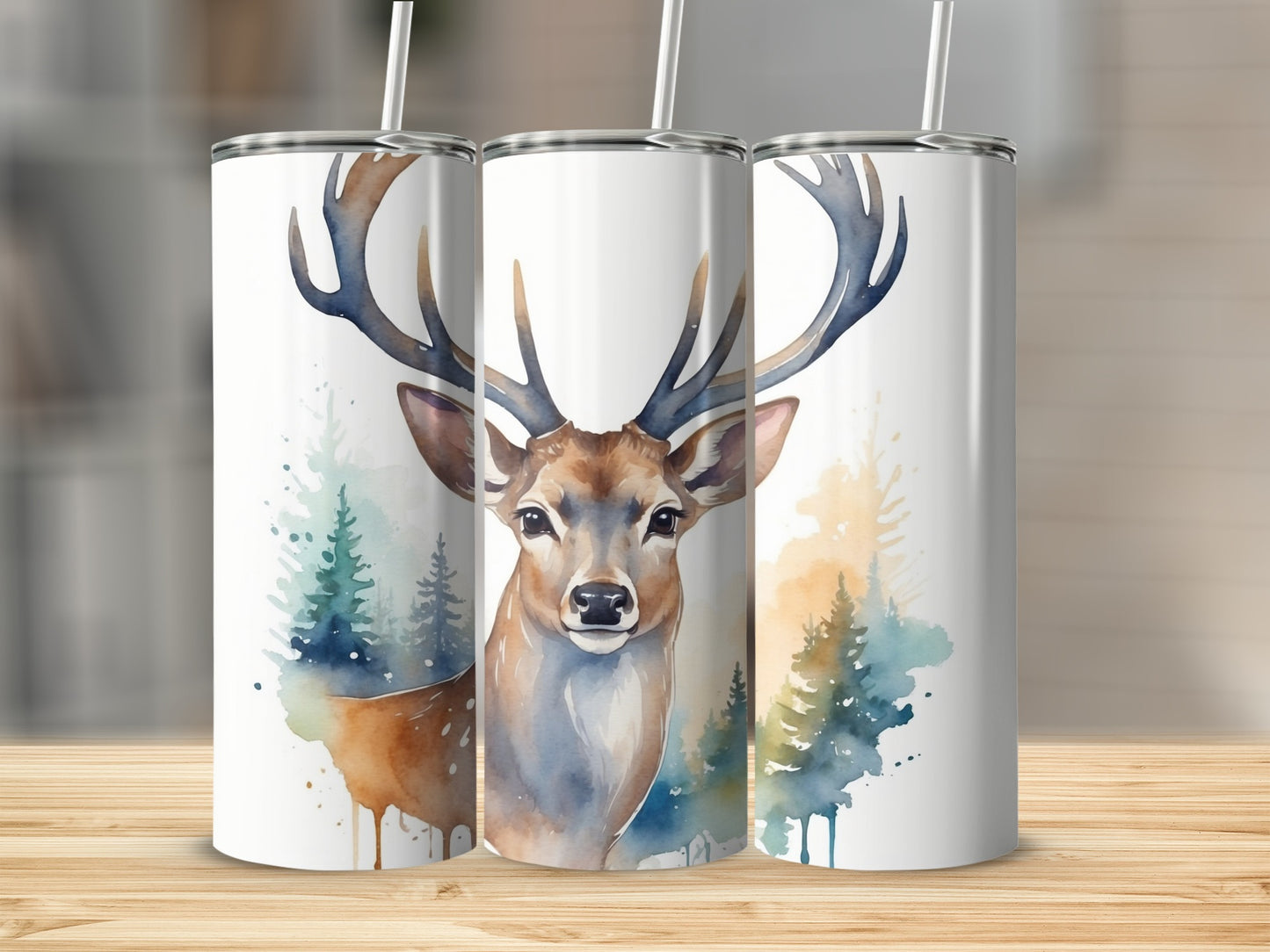 Watercolor painting of a deer in a forest with trees and mountains.