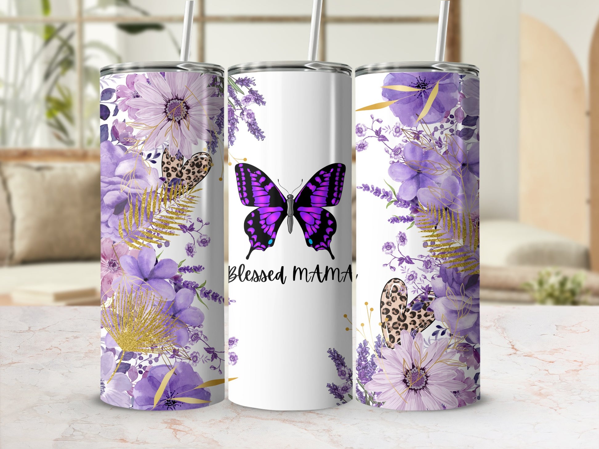 Purple Floral and Butterfly Design Tumbler with Straw