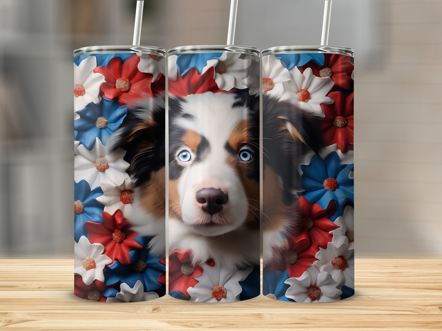 Three dog-themed tumblers with blue, red, and white flowers.
