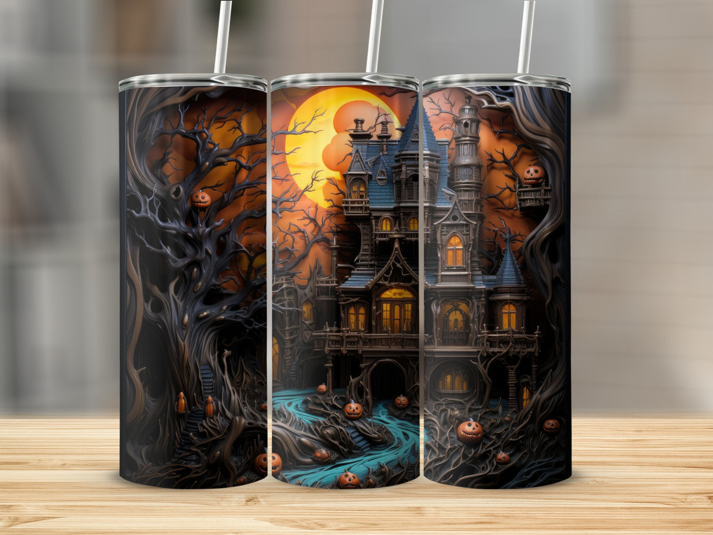 Halloween tumbler with haunted mansion, jack-o'-lanterns, and spooky trees under a full moon.