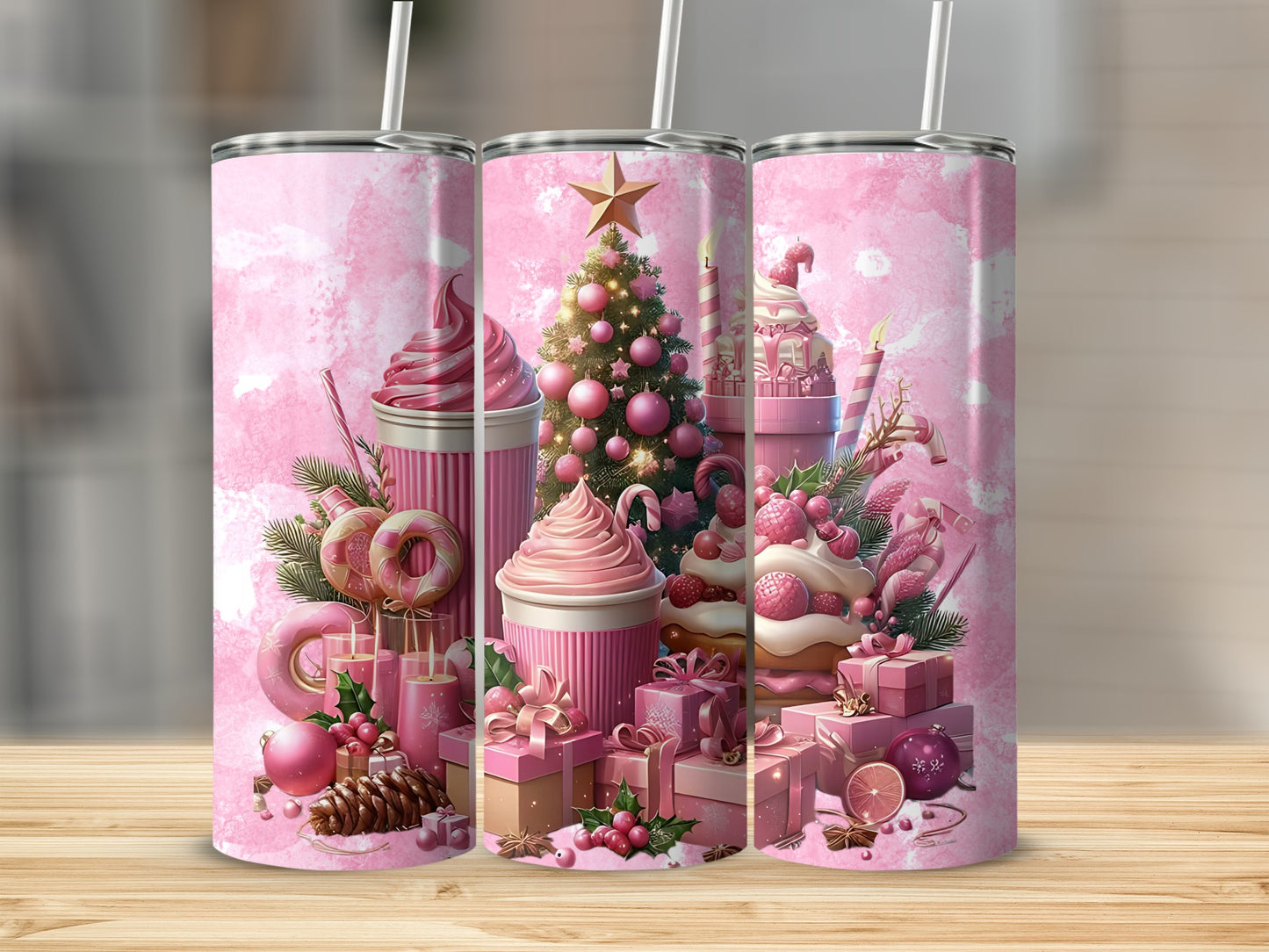 Pink Christmas Themed Cupcake and Gift Art Tumbler