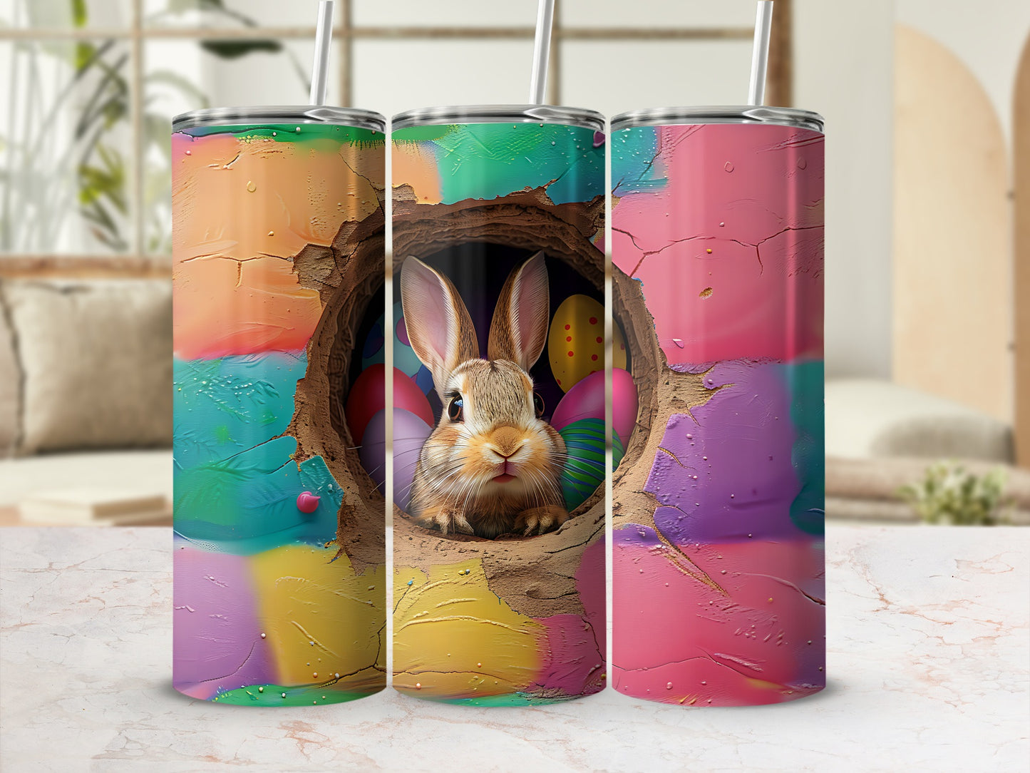 Bunny peeking from cracked egg-filled hole, colorful abstract background, straw.