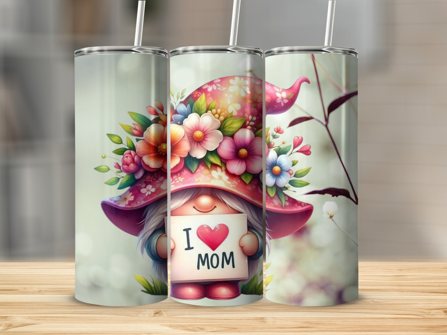 Cute Floral Gnome I Love Mom Design Tumbler Product