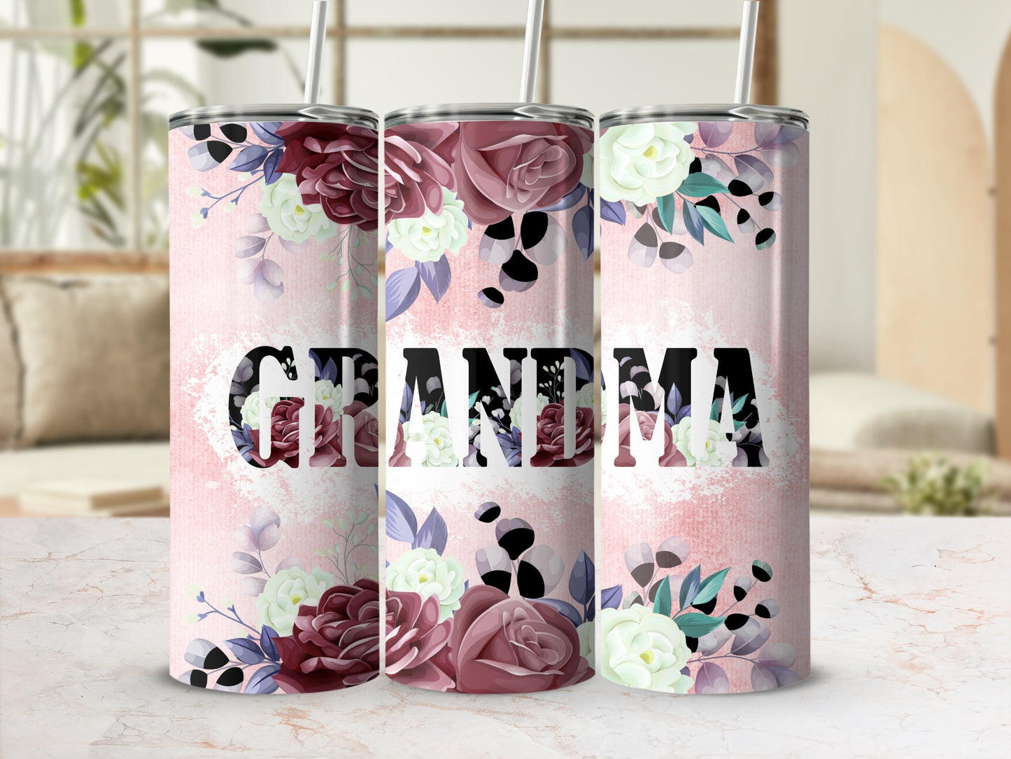Pink floral tumbler with "Grandma" text and subtle distressed background.