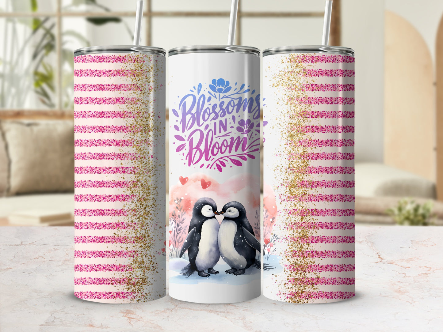 Blossoms in Bloom Penguin Striped Tumbler Cup