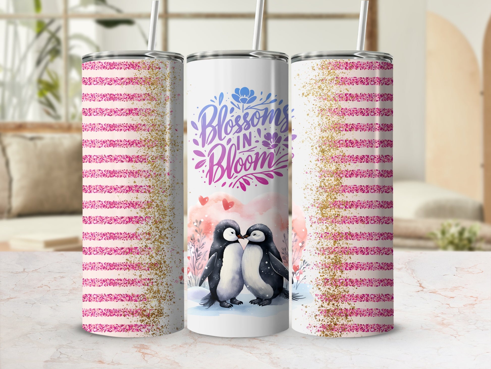 Blossoms in Bloom Penguin Striped Tumbler Cup