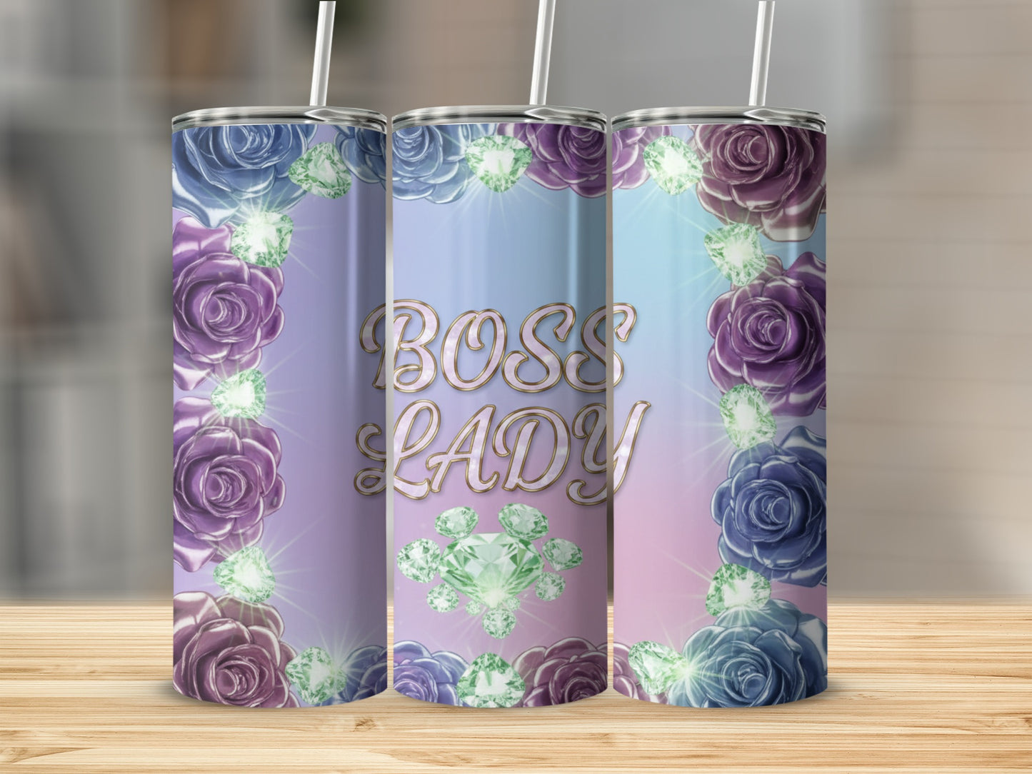 Boss Lady Floral Design Tumbler with Gem Accents