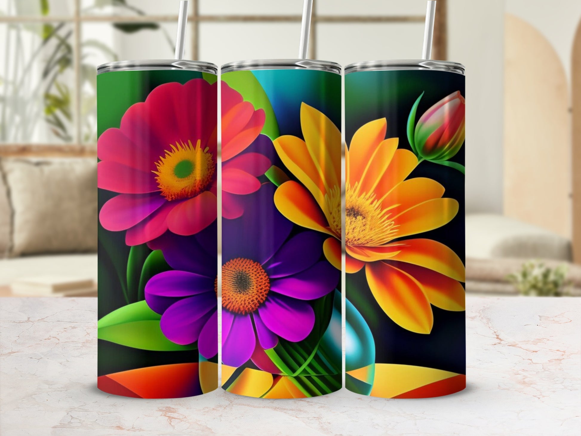 Vibrant Floral Pattern Insulated Stainless Steel Tumbler