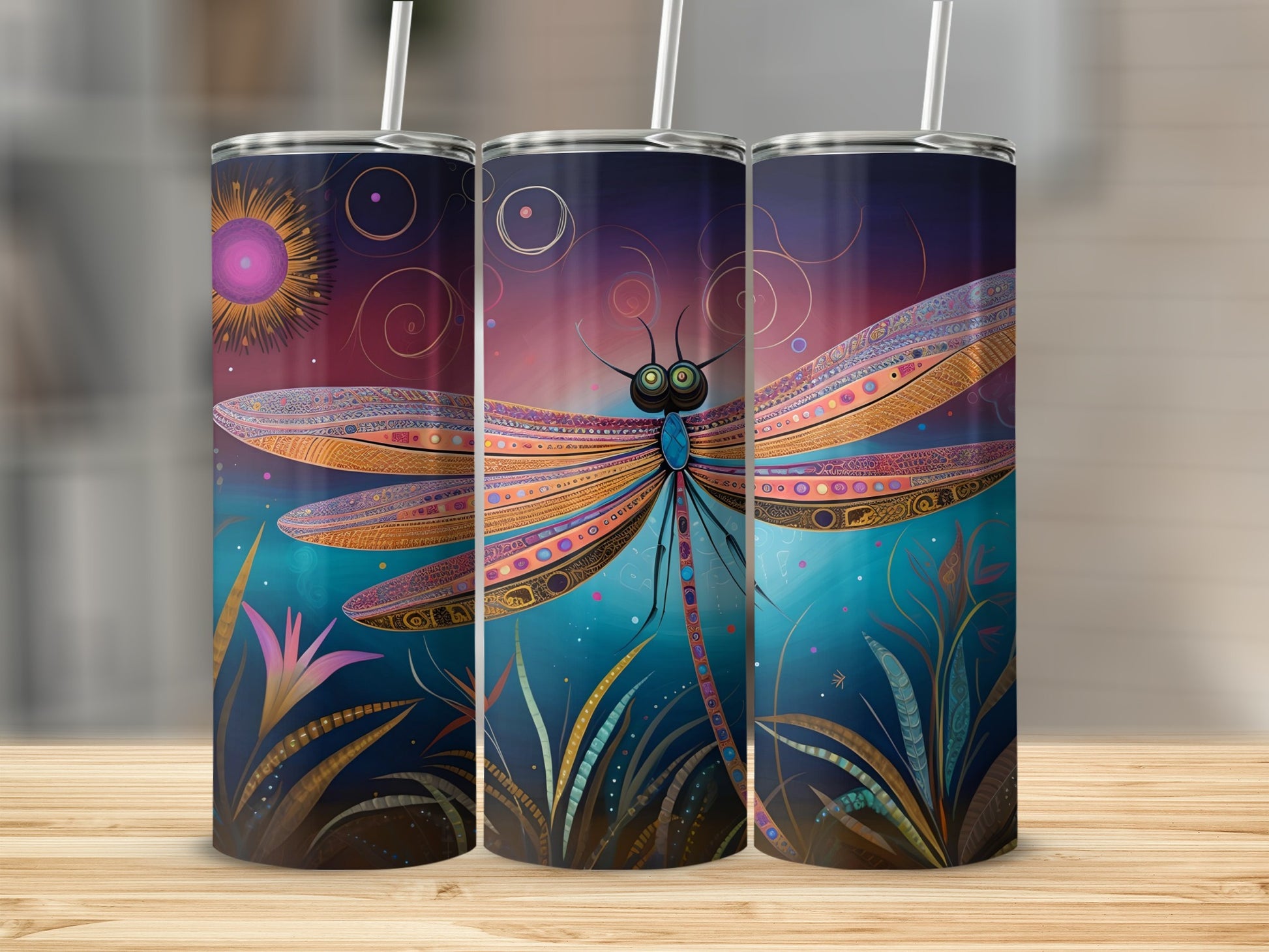Colorful Dragonfly and Sun Artistic Design Tumbler