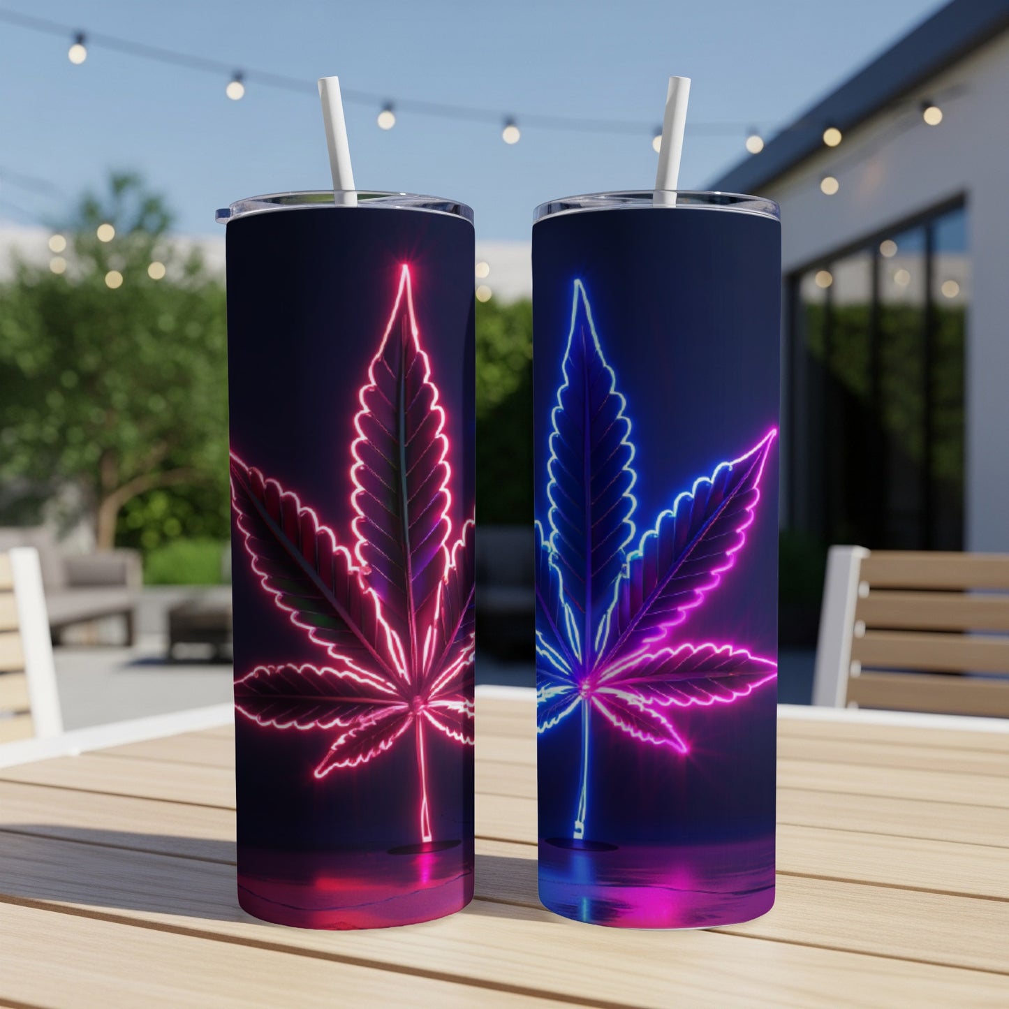 Two tumblers with neon cannabis leaf designs in pink and blue.