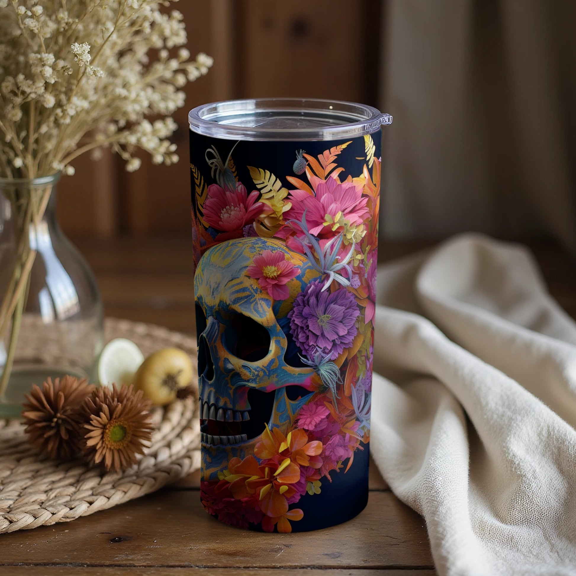 Skull with Colorful Floral Art Design Tumbler Product
