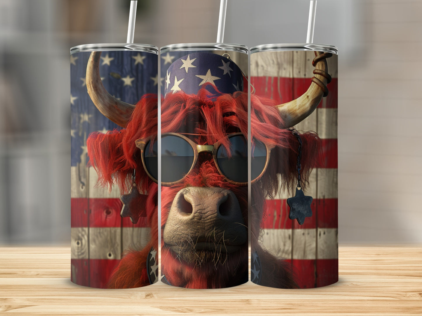 Highland cow with American flag hat and sunglasses on wooden background.
