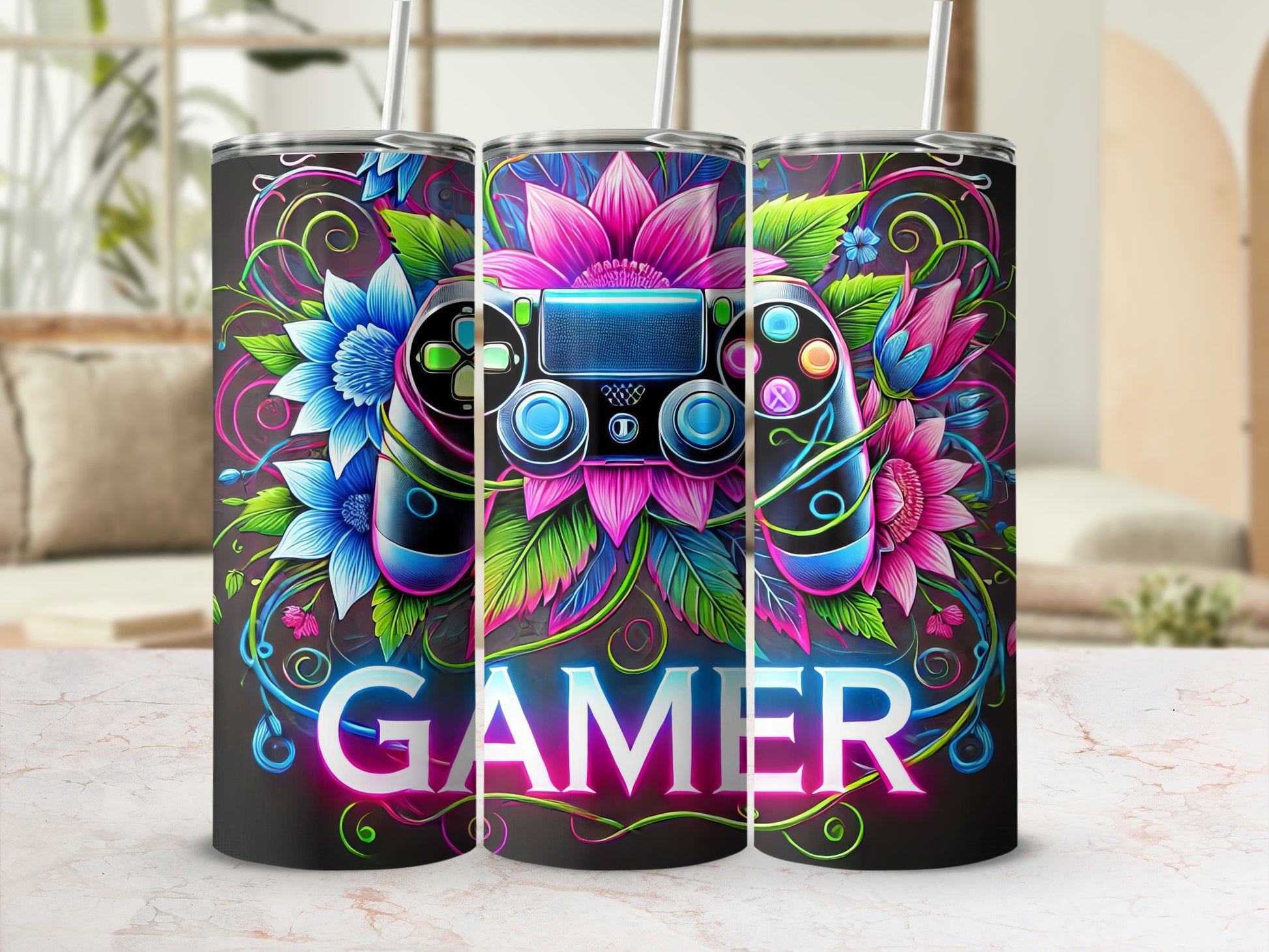 Gamer tumbler with neon controller and vibrant floral accents on black background.